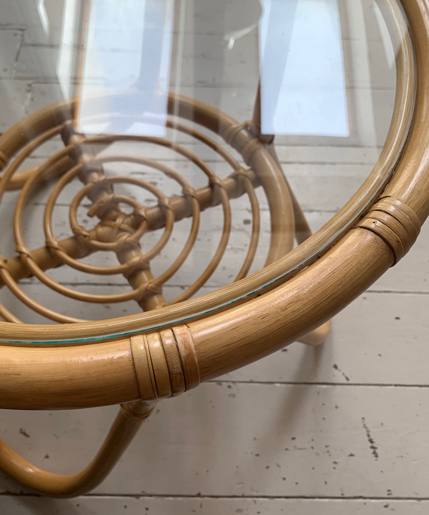 Vintage Mid Century Modern Pair of Rattan & Glass Round Side / Bedside Tables