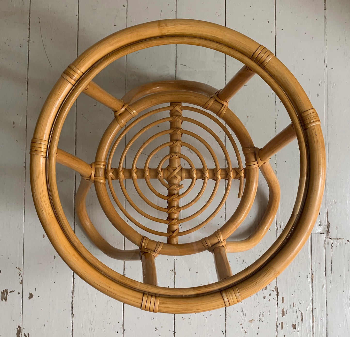 Vintage Mid Century Modern Pair of Rattan & Glass Round Side / Bedside Tables