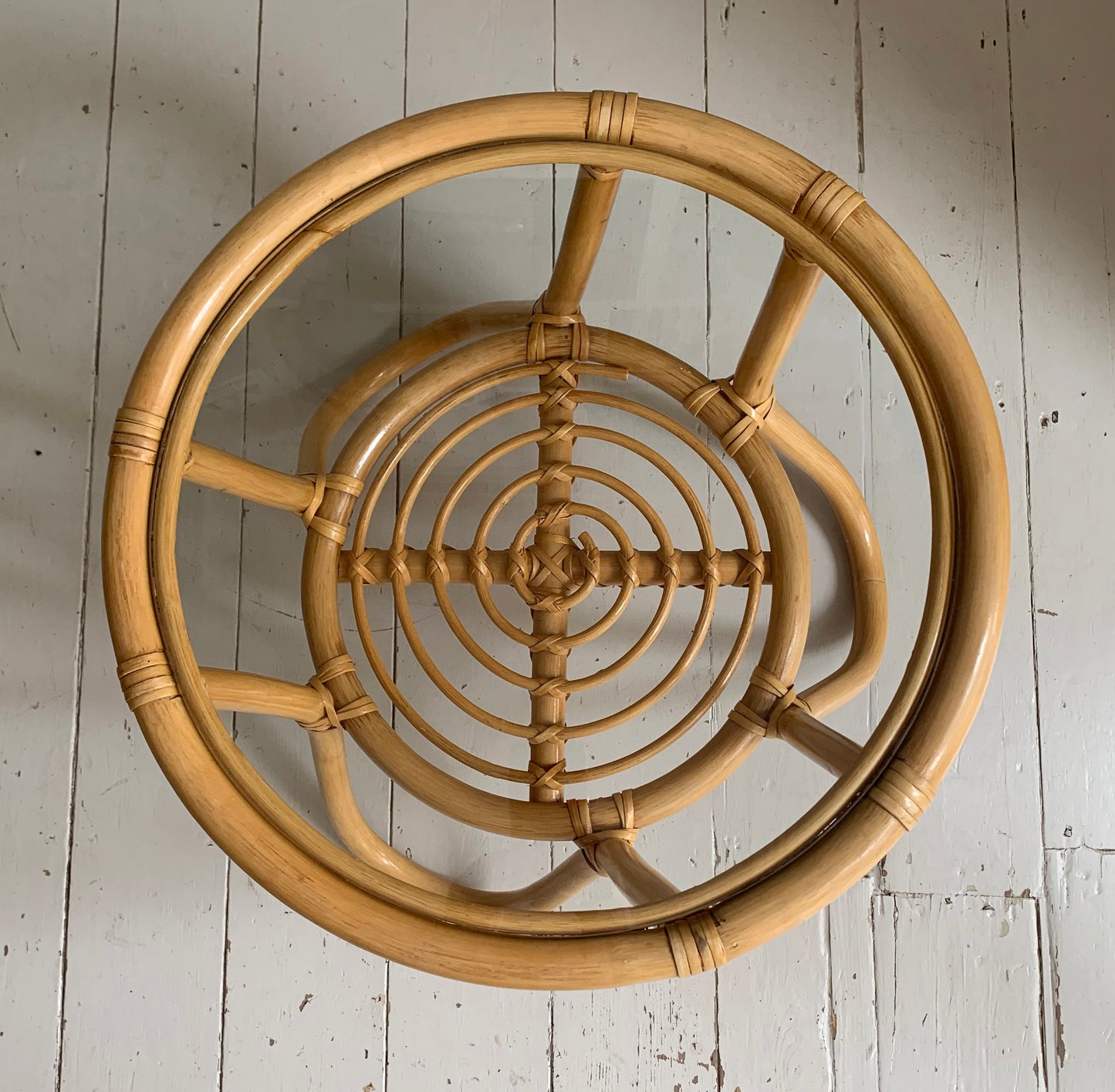 Vintage Mid Century Modern Pair of Rattan & Glass Round Side / Bedside Tables