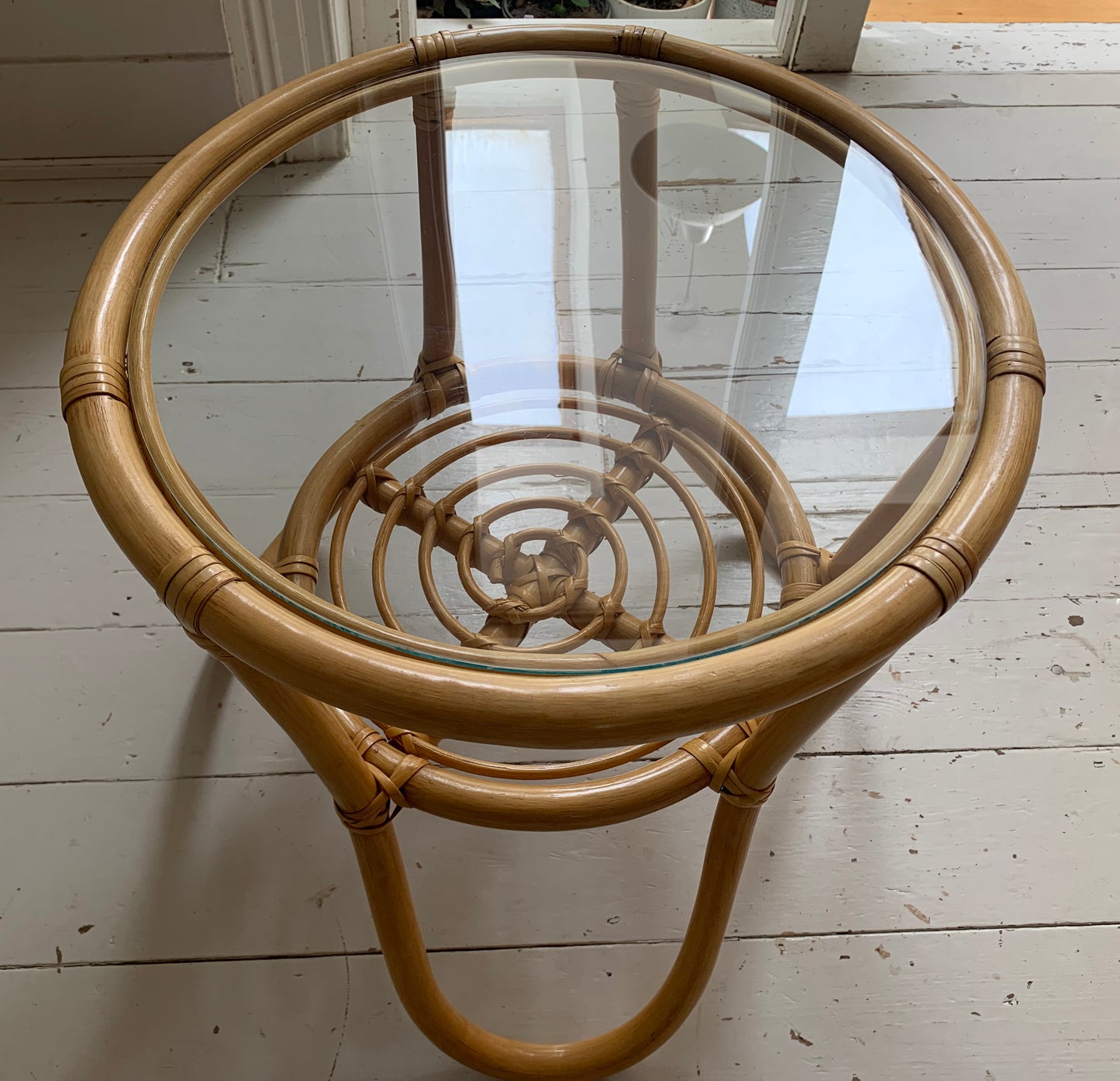 Vintage Mid Century Modern Pair of Rattan & Glass Round Side / Bedside Tables
