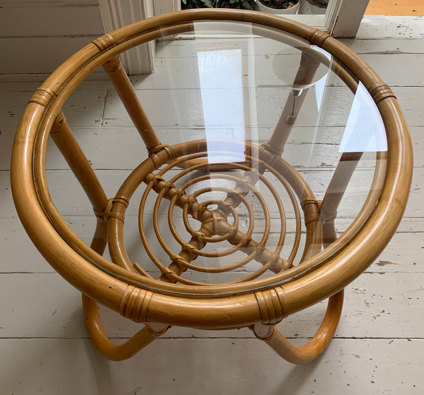 Vintage Mid Century Modern Pair of Rattan & Glass Round Side / Bedside Tables