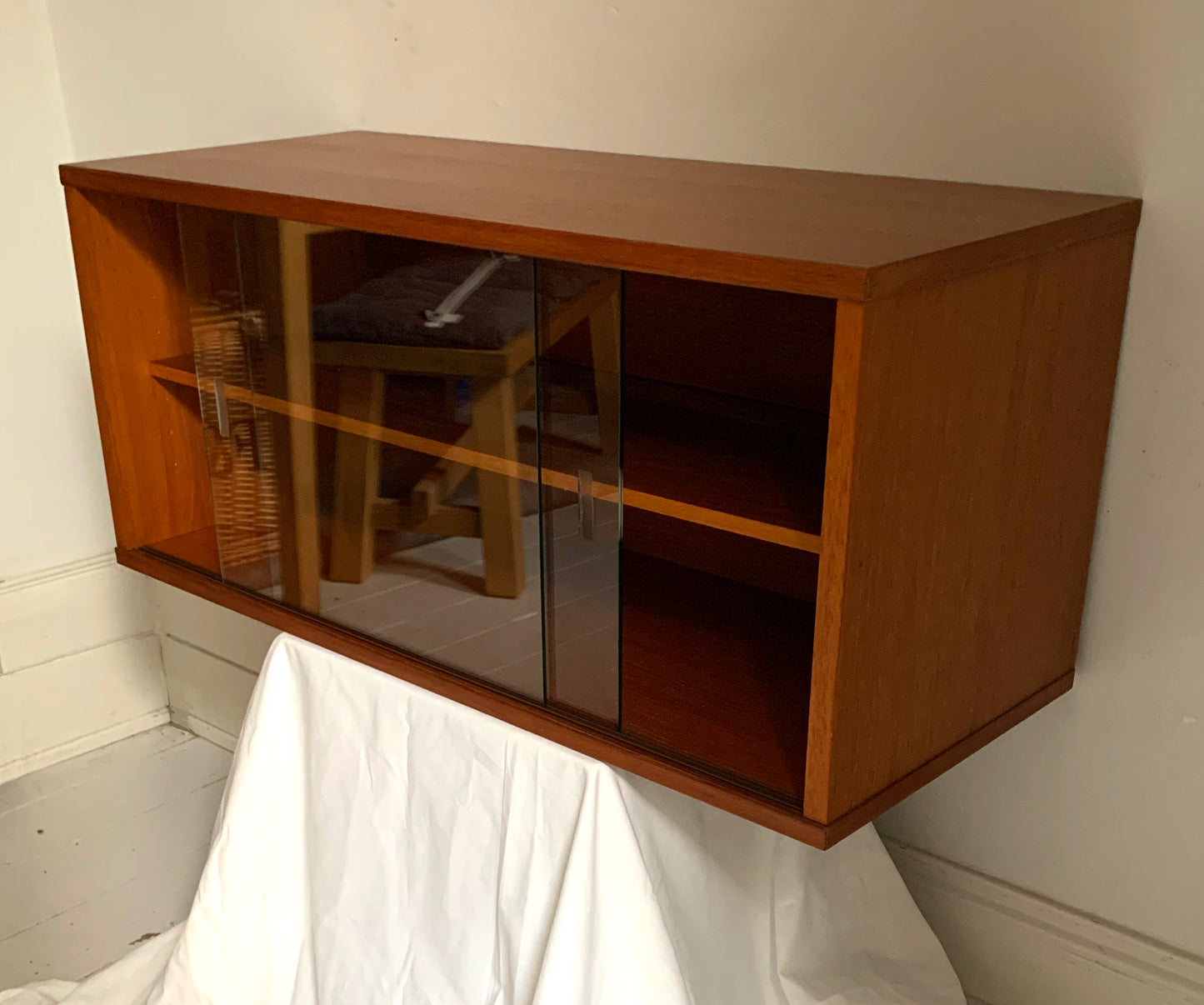 Mid Century Teak Beaver & Tapley 33 Floating Cabinet with Sliding Glass Doors
