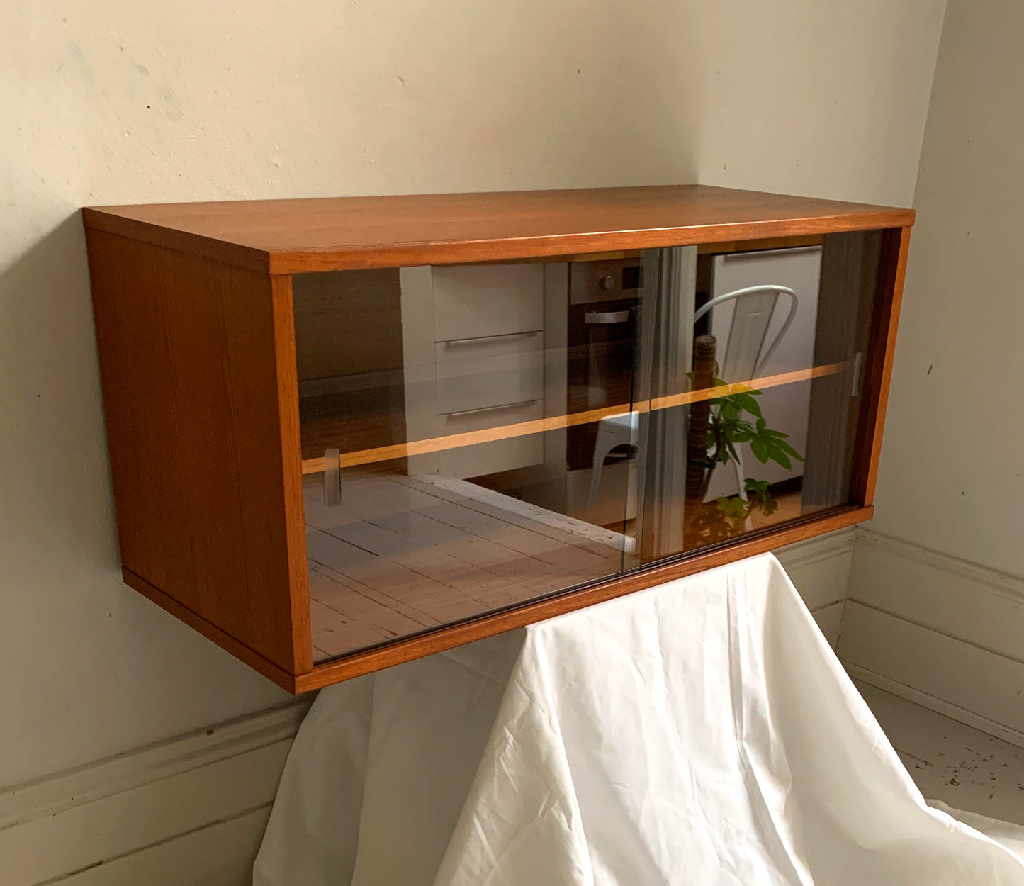 Mid Century Teak Beaver & Tapley 33 Floating Cabinet with Sliding Glass Doors