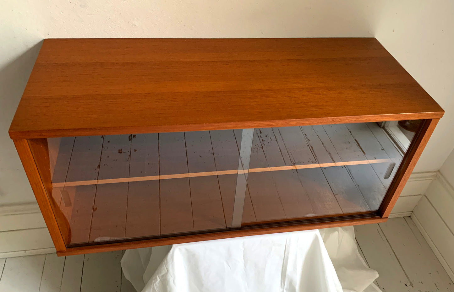 Mid Century Teak Beaver & Tapley 33 Floating Cabinet with Sliding Glass Doors