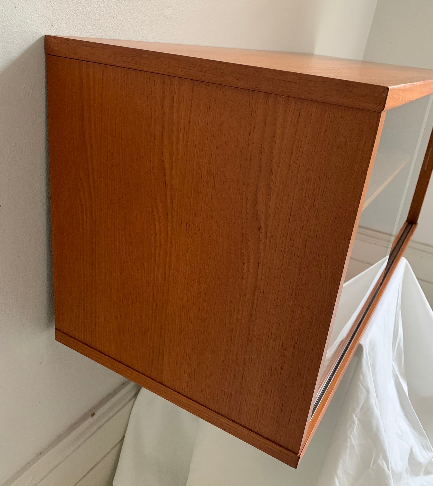 Mid Century Teak Beaver & Tapley 33 Floating Cabinet with Sliding Glass Doors