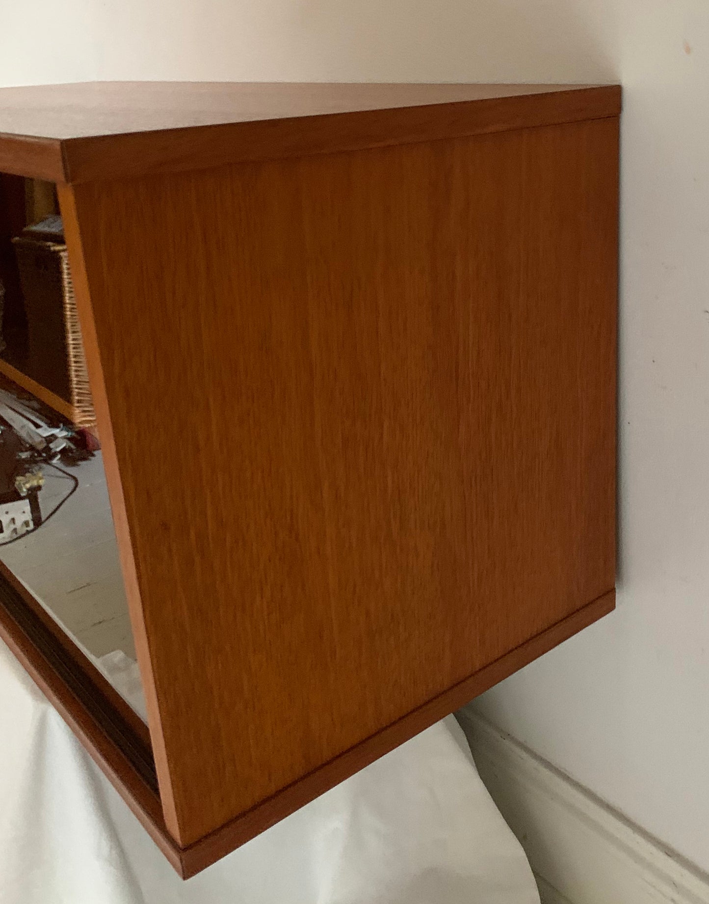 Mid Century Teak Beaver & Tapley 33 Floating Cabinet with Sliding Glass Doors