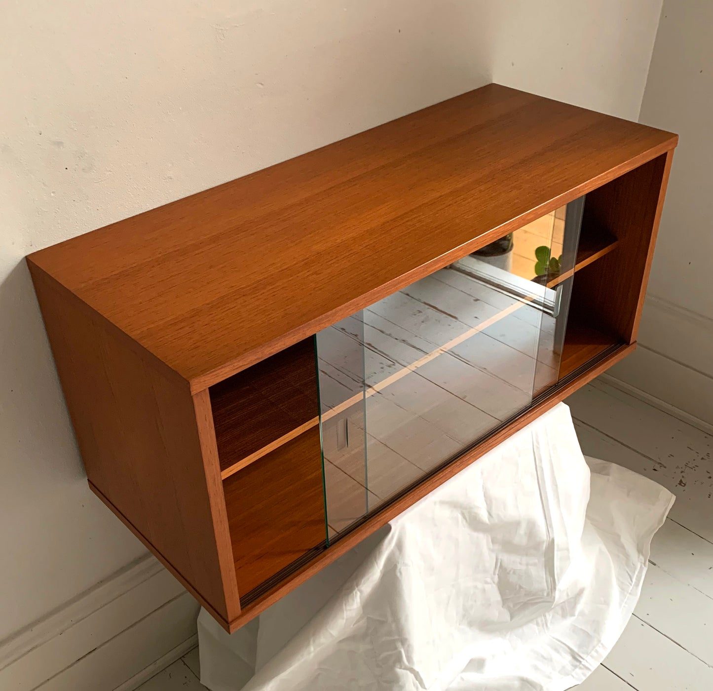 Mid Century Teak Beaver & Tapley 33 Floating Cabinet with Sliding Glass Doors