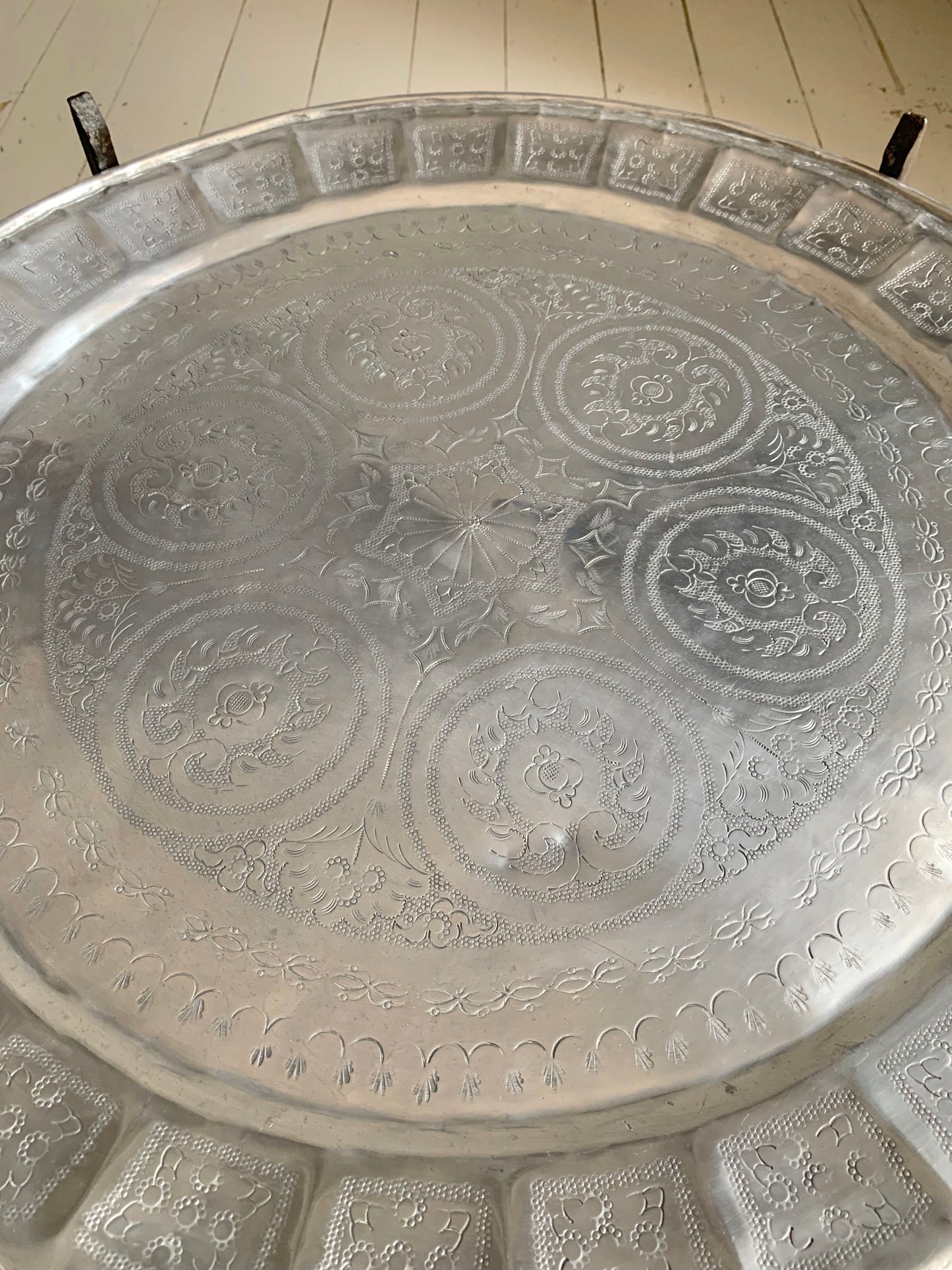 Vintage Middle Eastern/Moroccan Round Aluminium Engraved Folding Coffee Table