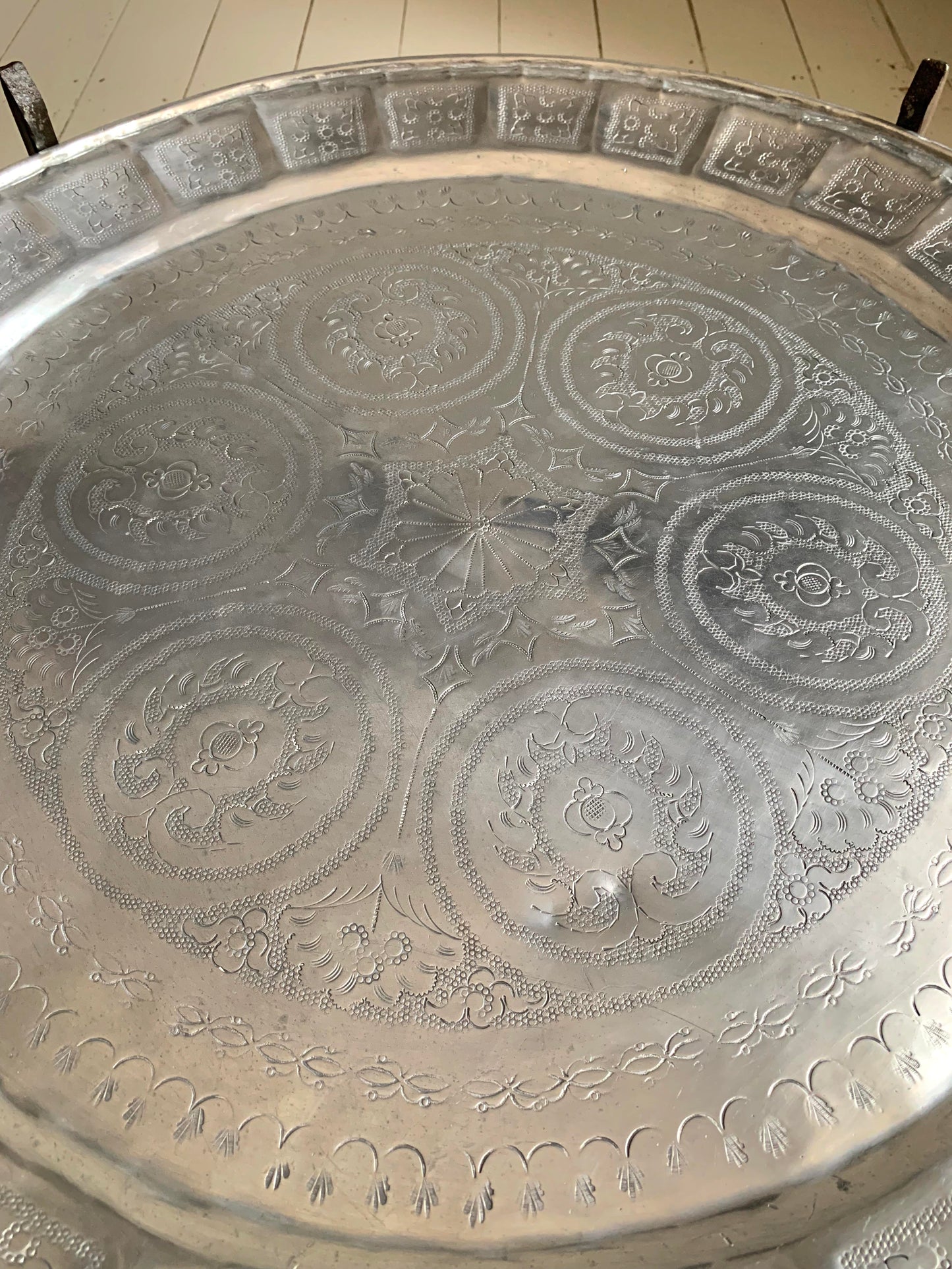 Vintage Middle Eastern/Moroccan Round Aluminium Engraved Folding Coffee Table