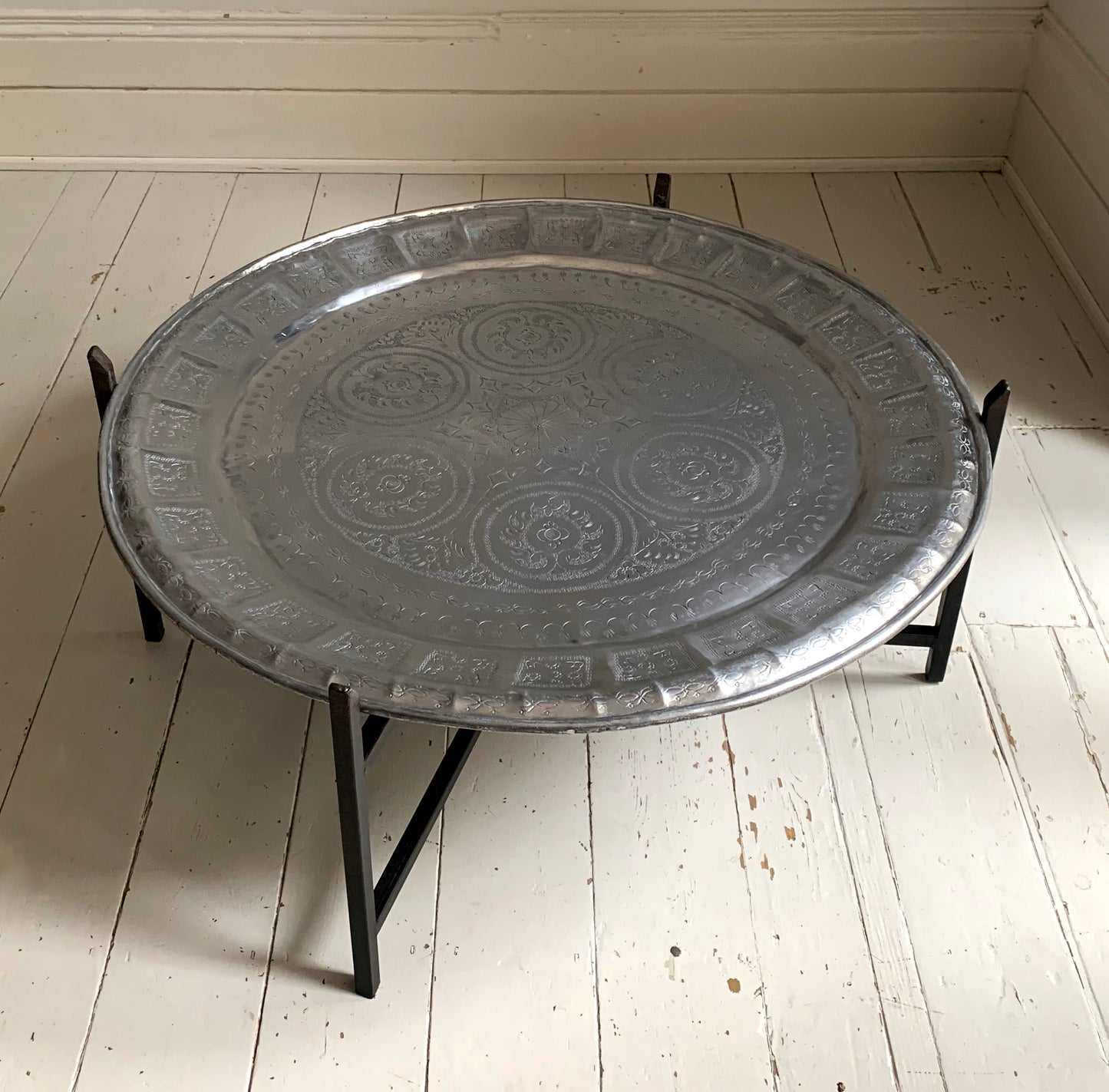 Vintage Middle Eastern/Moroccan Round Aluminium Engraved Folding Coffee Table