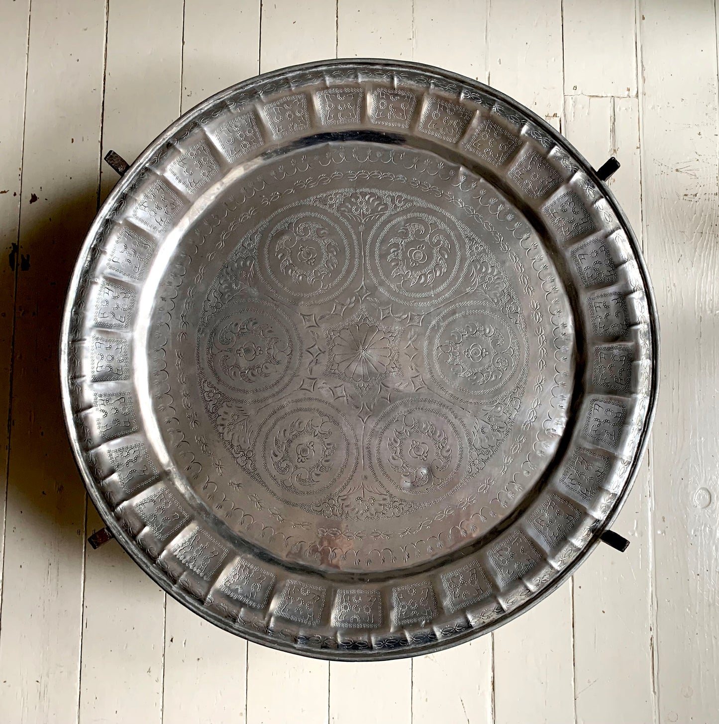 Vintage Middle Eastern/Moroccan Round Aluminium Engraved Folding Coffee Table