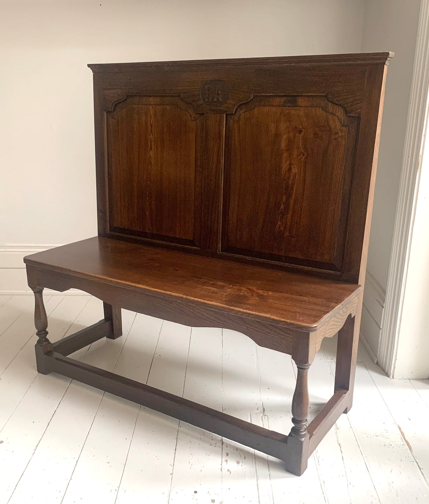 Antique Oak Panelled Back Settle Without Arms with RA Initial Carving