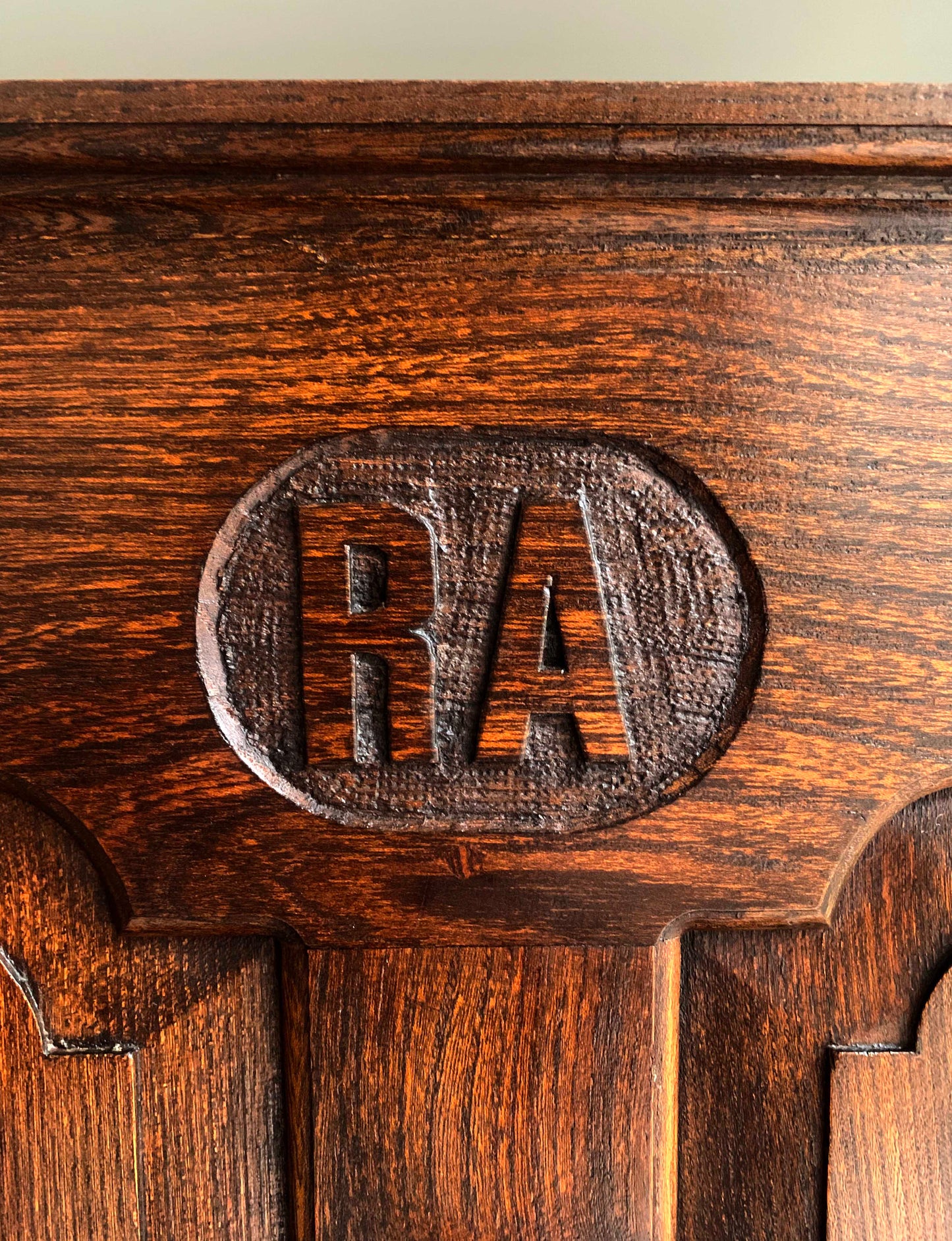 Antique Oak Panelled Back Settle Without Arms with RA Initial Carving