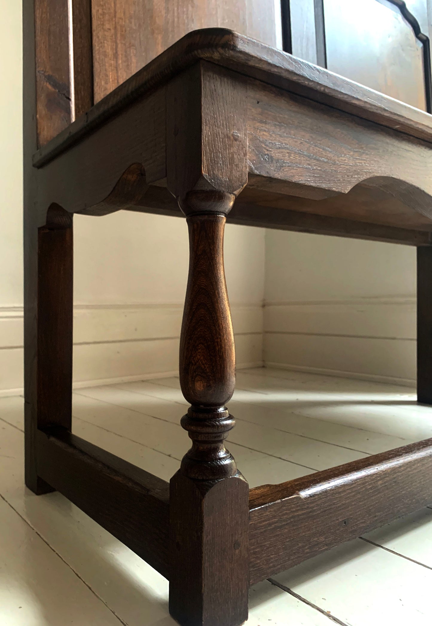 Antique Oak Panelled Back Settle Without Arms with RA Initial Carving