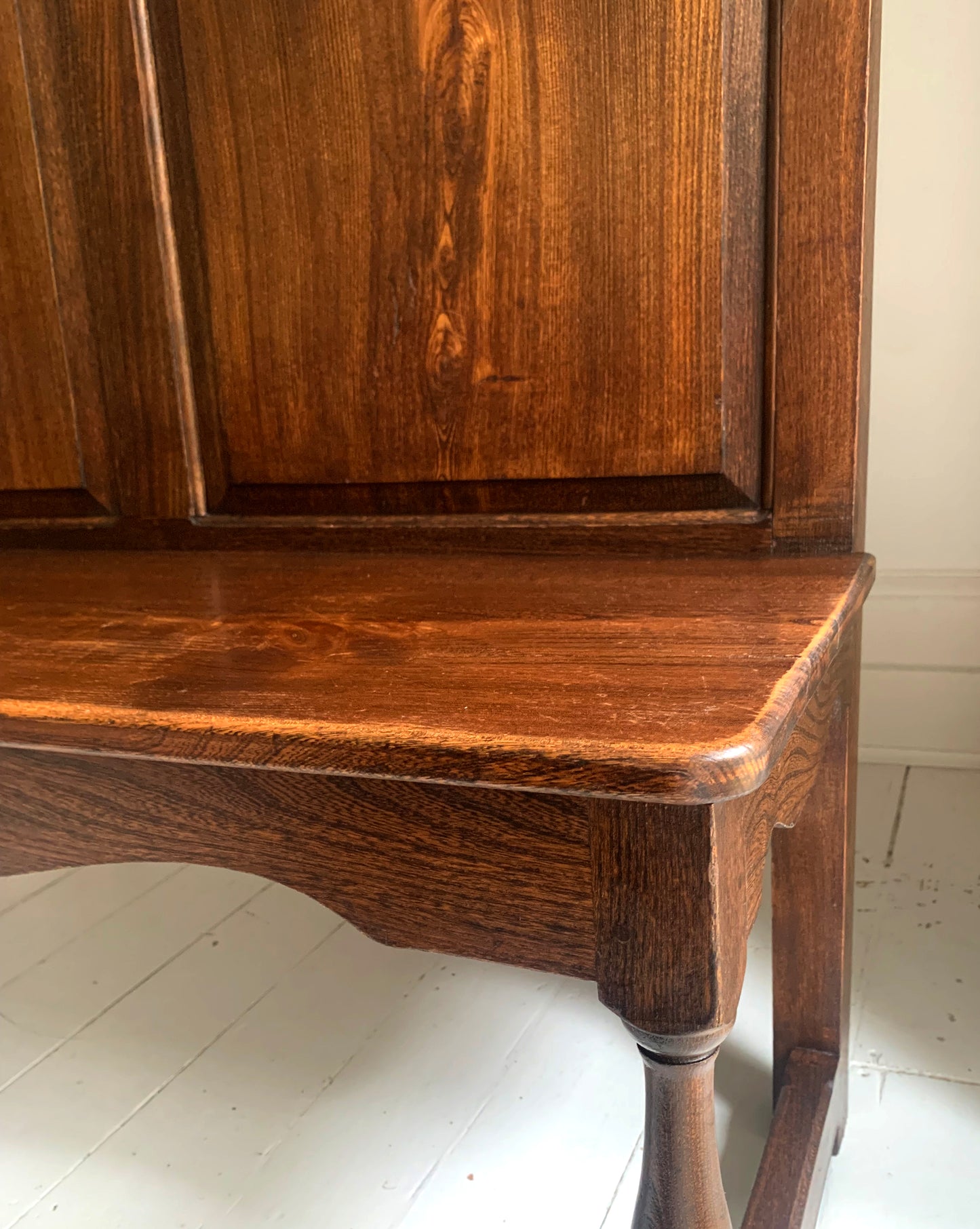 Antique Oak Panelled Back Settle Without Arms with RA Initial Carving