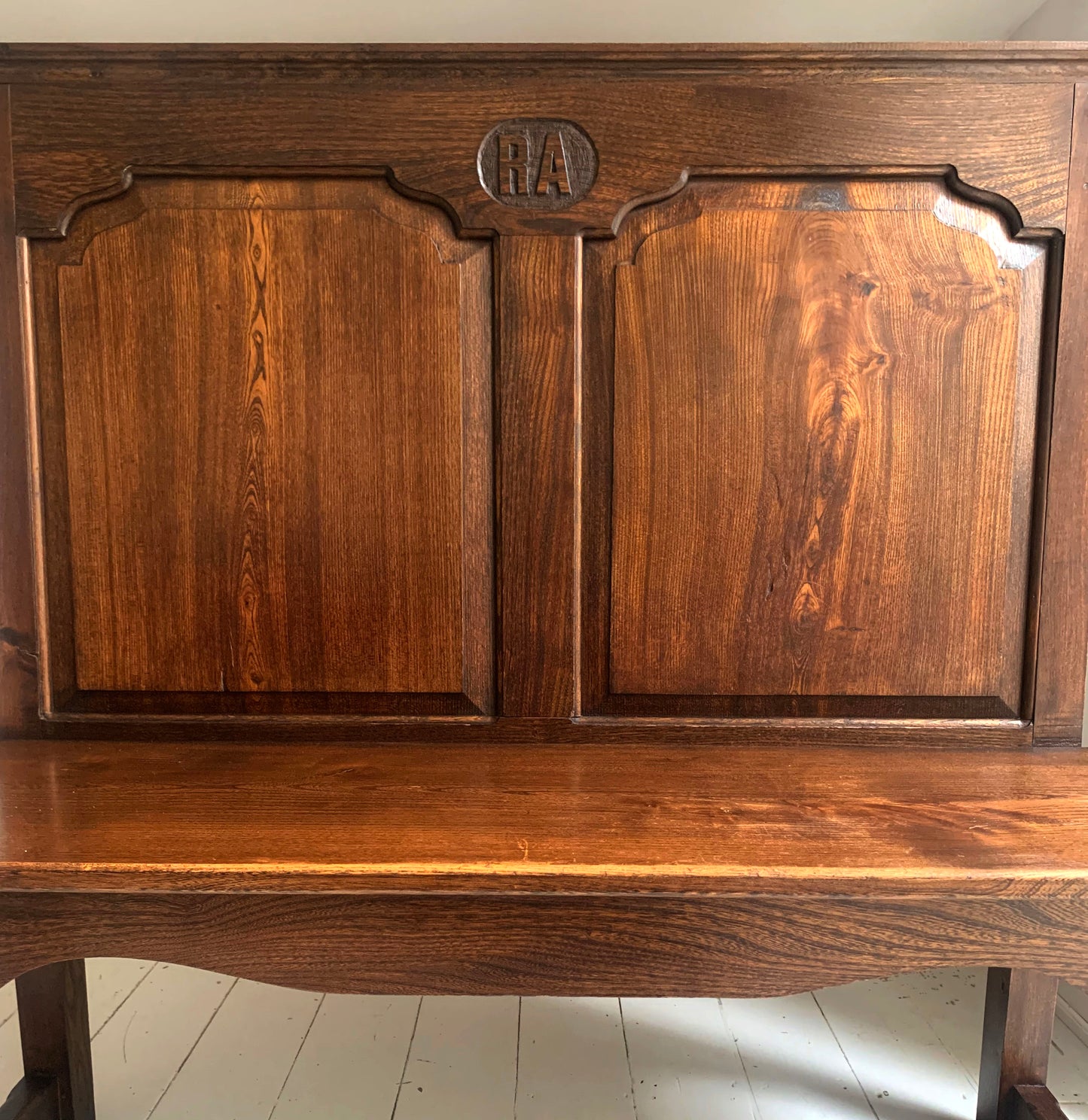 Antique Oak Panelled Back Settle Without Arms with RA Initial Carving