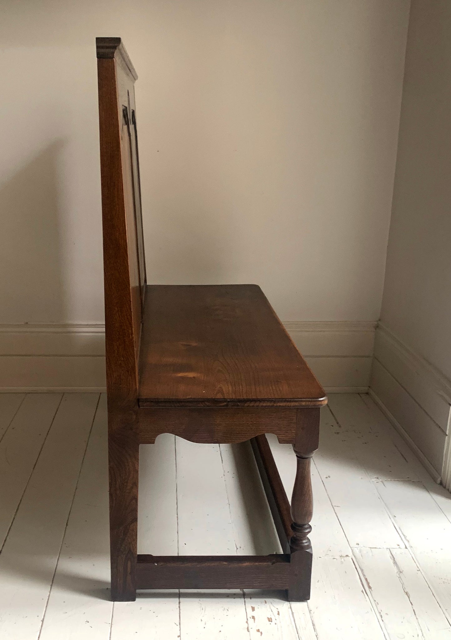 Antique Oak Panelled Back Settle Without Arms with RA Initial Carving