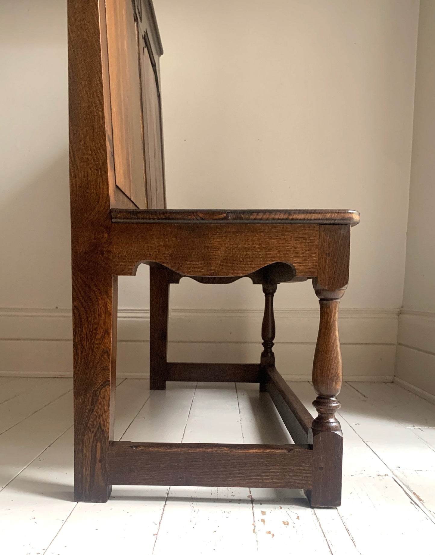 Antique Oak Panelled Back Settle Without Arms with RA Initial Carving