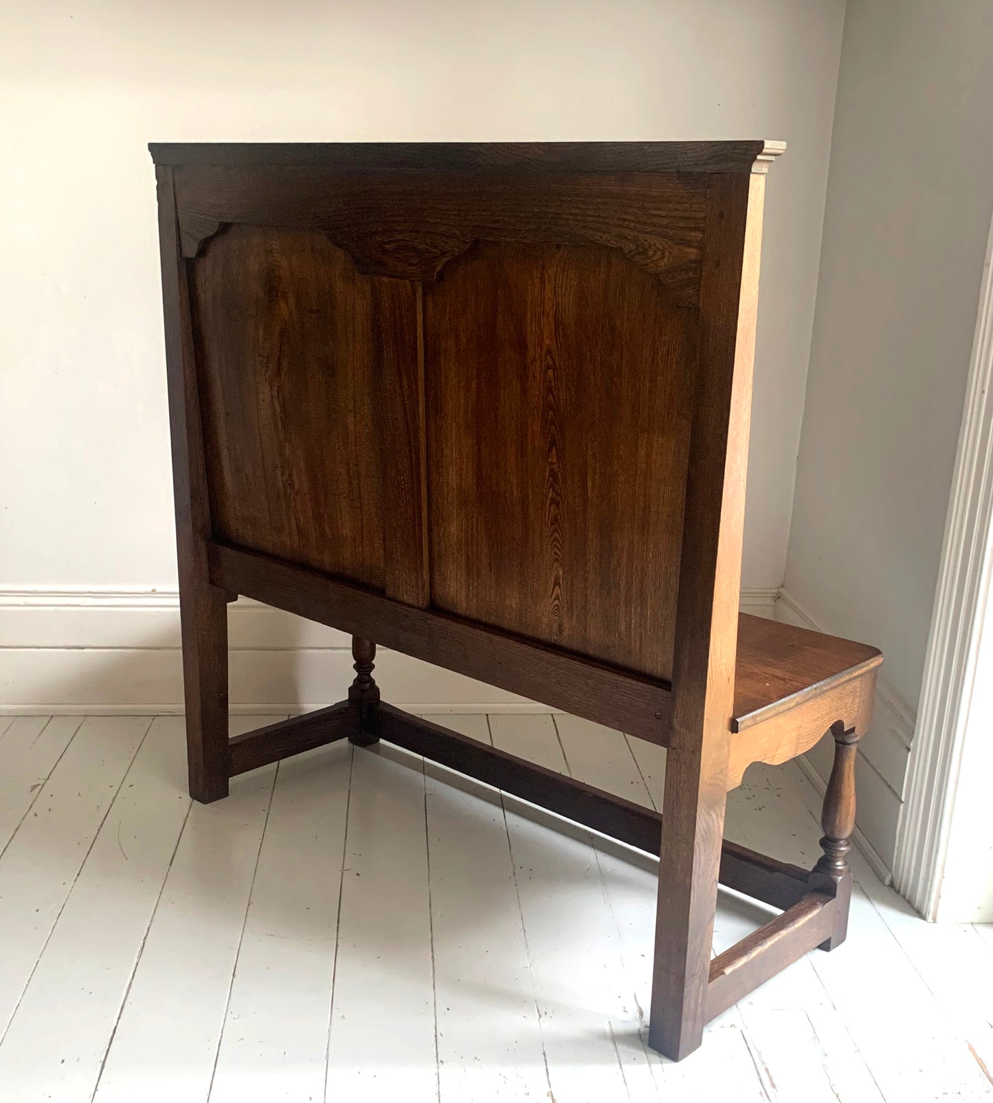 Antique Oak Panelled Back Settle Without Arms with RA Initial Carving