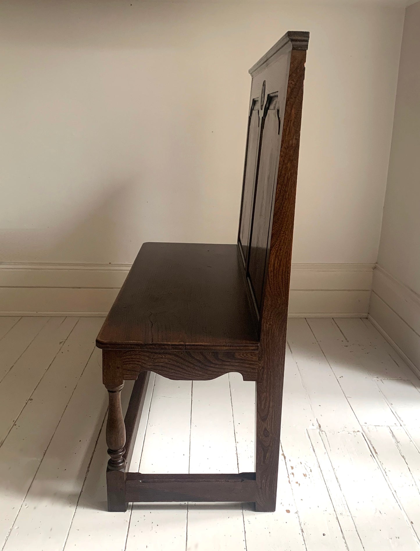Antique Oak Panelled Back Settle Without Arms with RA Initial Carving