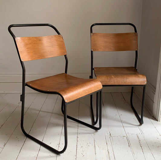 2 x Vintage Stacking Chairs - Ply Wood Seats, Black Tubular Metal Frame By Dual