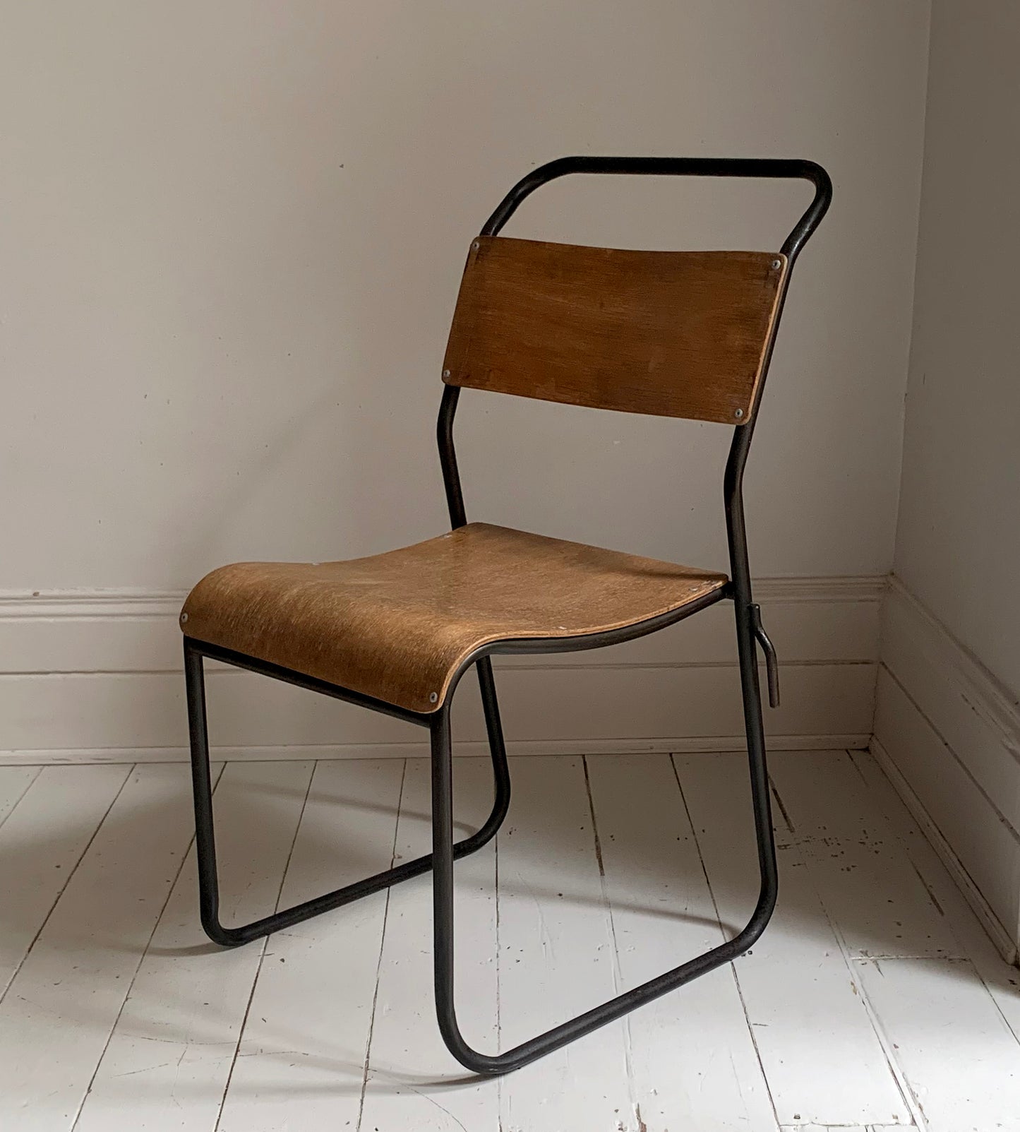 2 x Vintage Stacking Chairs - Ply Wood Seats, Black Tubular Metal Frame By Dual
