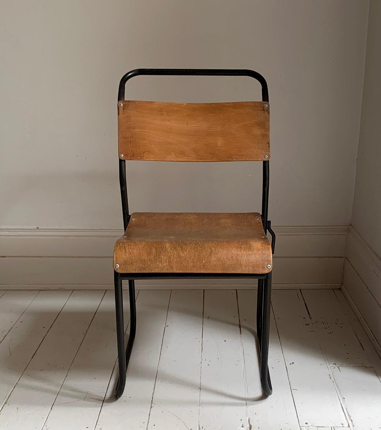 2 x Vintage Stacking Chairs - Ply Wood Seats, Black Tubular Metal Frame By Dual
