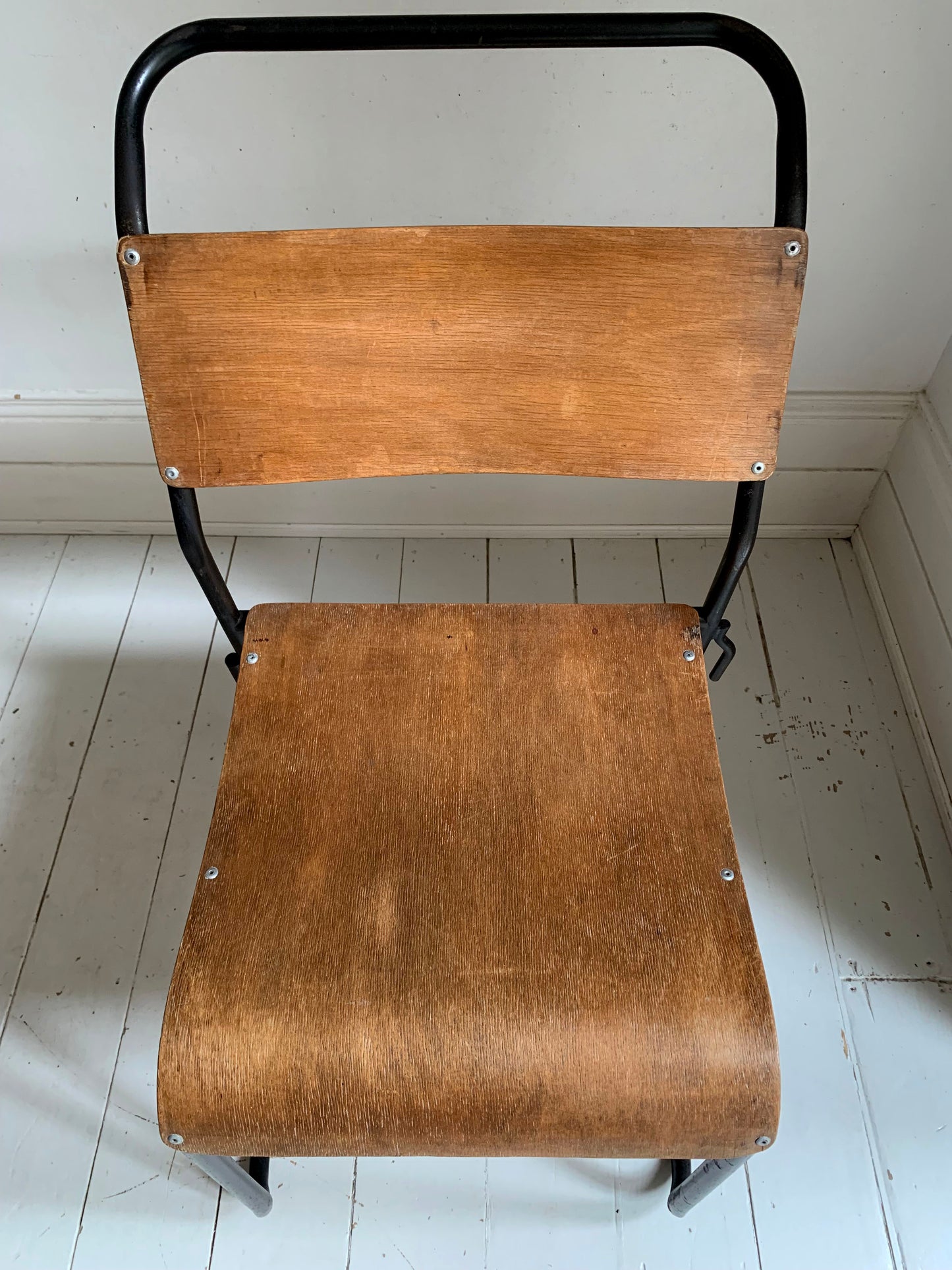 2 x Vintage Stacking Chairs - Ply Wood Seats, Black Tubular Metal Frame By Dual
