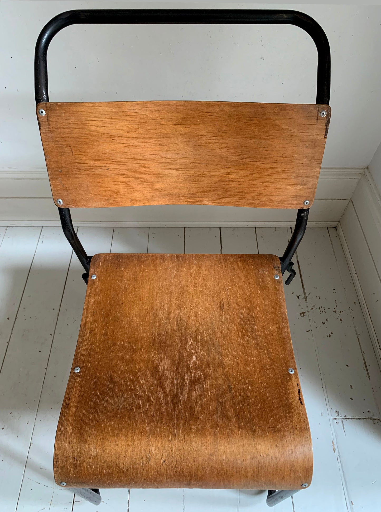 2 x Vintage Stacking Chairs - Ply Wood Seats, Black Tubular Metal Frame By Dual