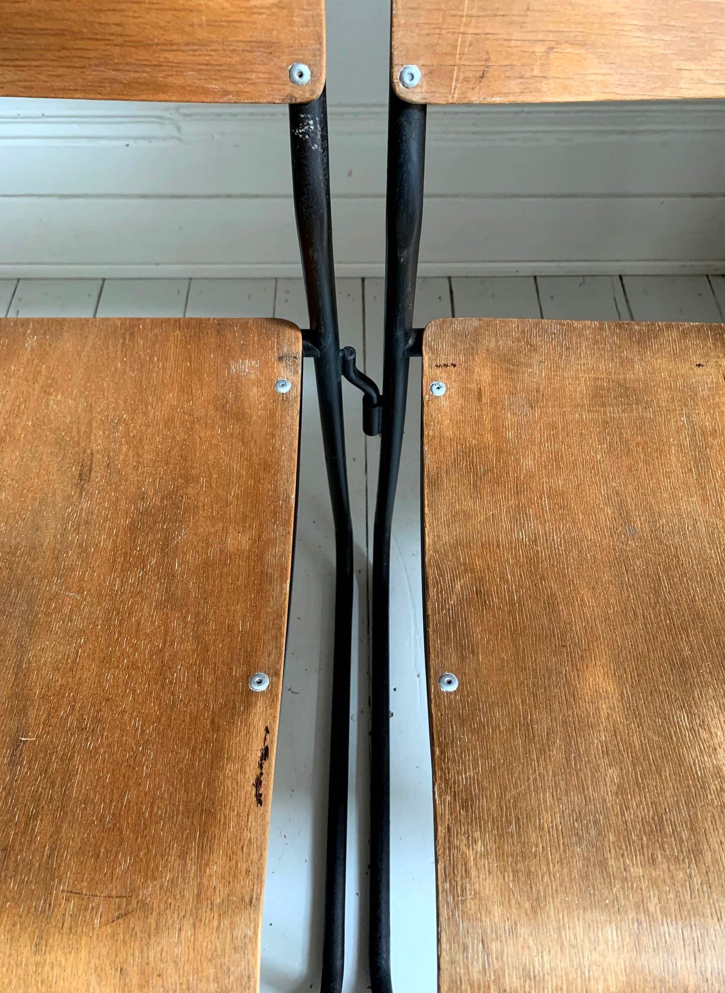 2 x Vintage Stacking Chairs - Ply Wood Seats, Black Tubular Metal Frame By Dual