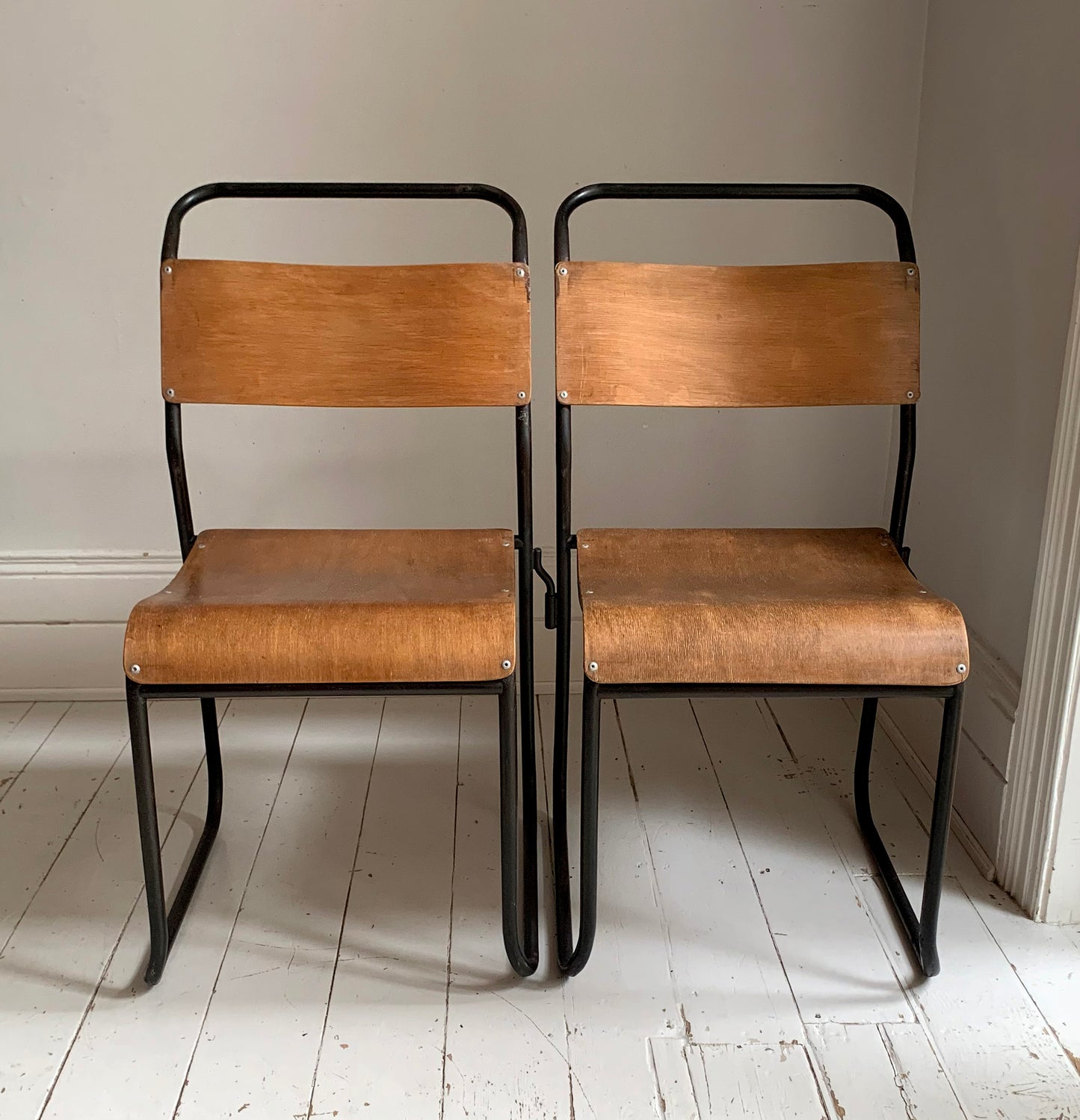 2 x Vintage Stacking Chairs - Ply Wood Seats, Black Tubular Metal Frame By Dual