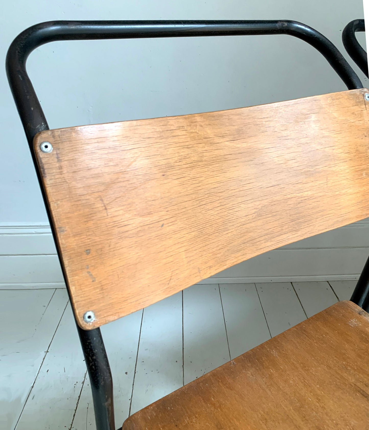 2 x Vintage Stacking Chairs - Ply Wood Seats, Black Tubular Metal Frame By Dual