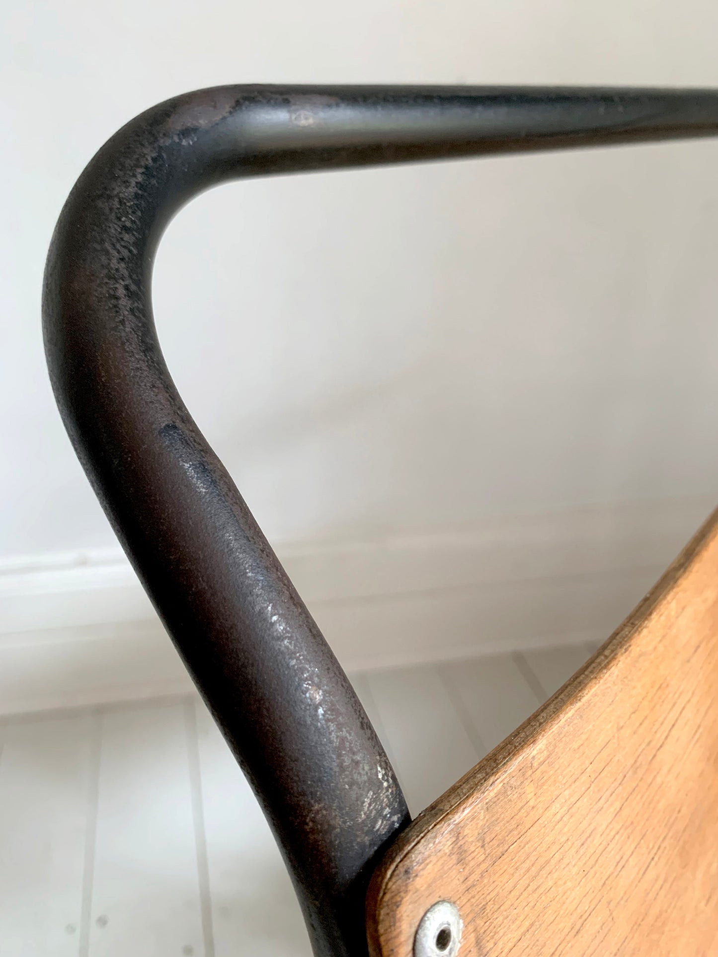 2 x Vintage Stacking Chairs - Ply Wood Seats, Black Tubular Metal Frame By Dual