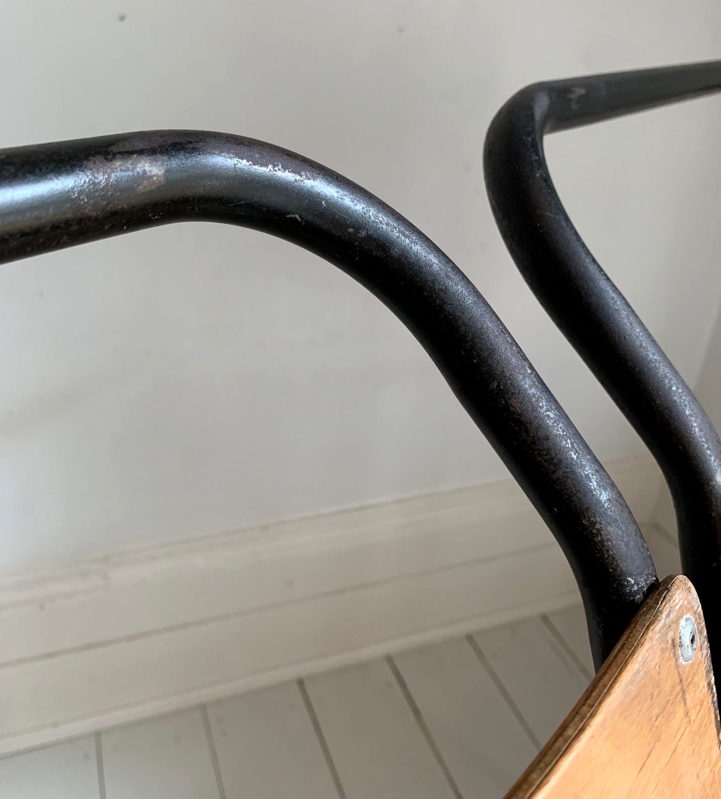 2 x Vintage Stacking Chairs - Ply Wood Seats, Black Tubular Metal Frame By Dual
