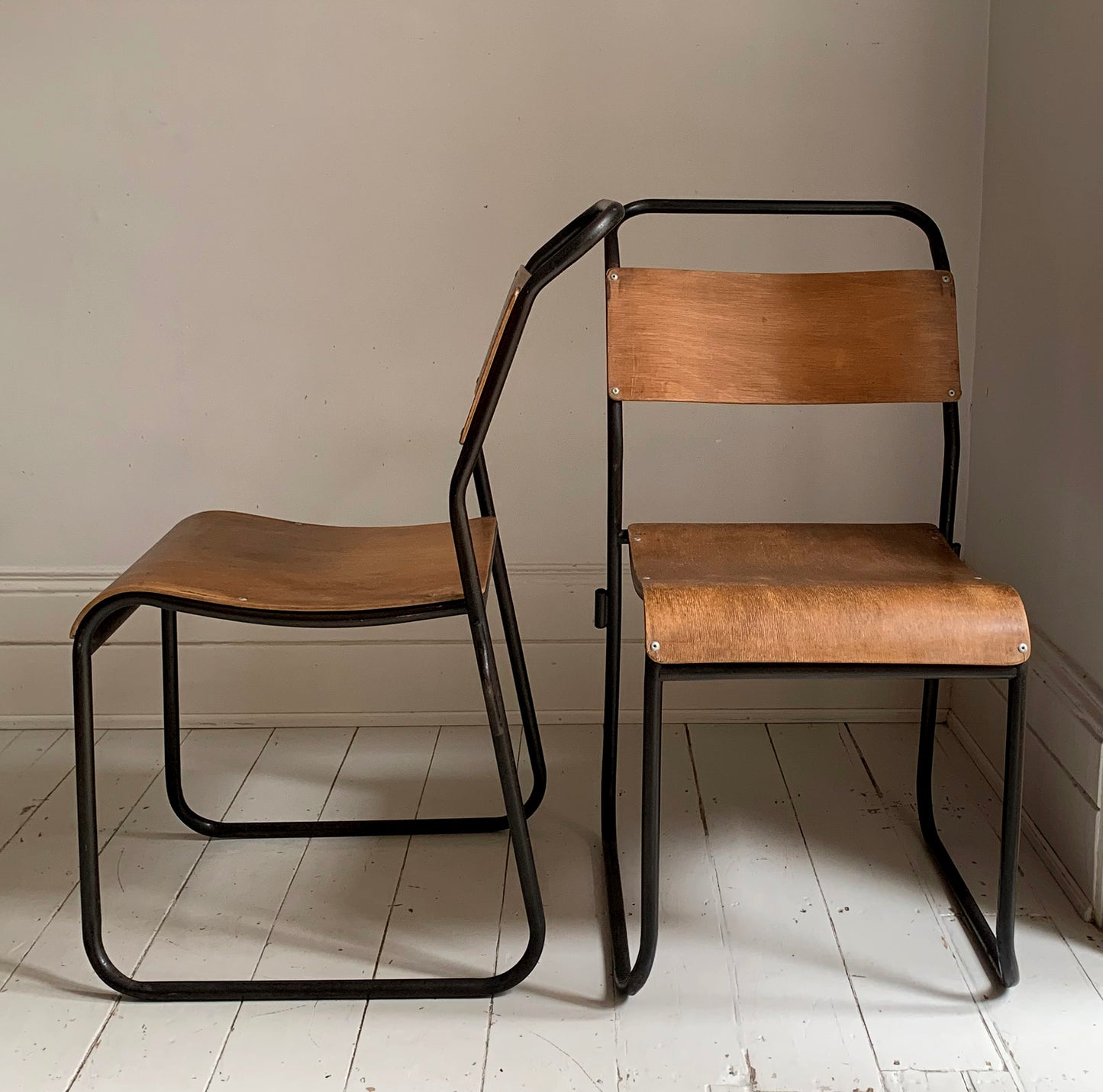 2 x Vintage Stacking Chairs - Ply Wood Seats, Black Tubular Metal Frame By Dual
