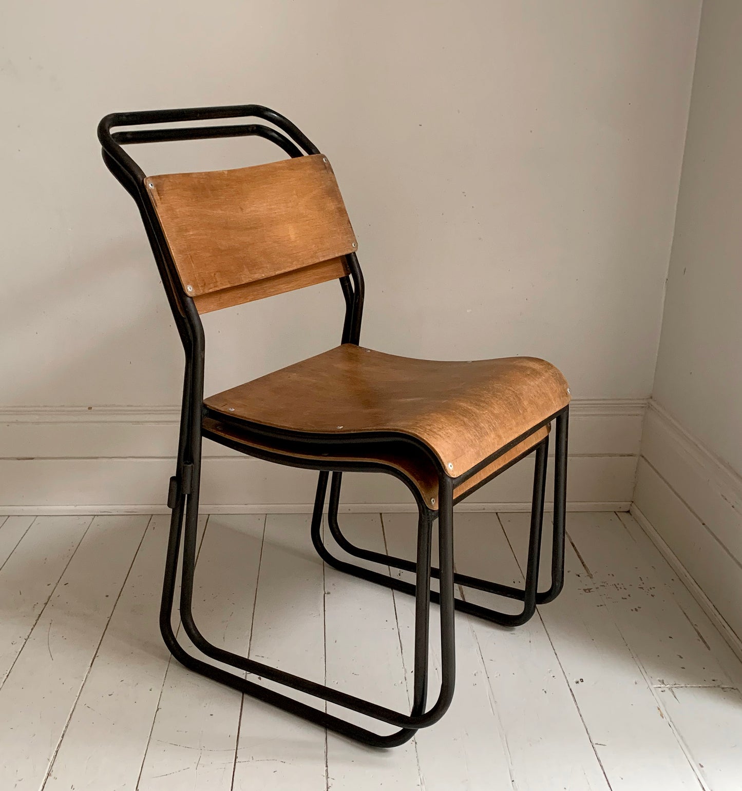 2 x Vintage Stacking Chairs - Ply Wood Seats, Black Tubular Metal Frame By Dual