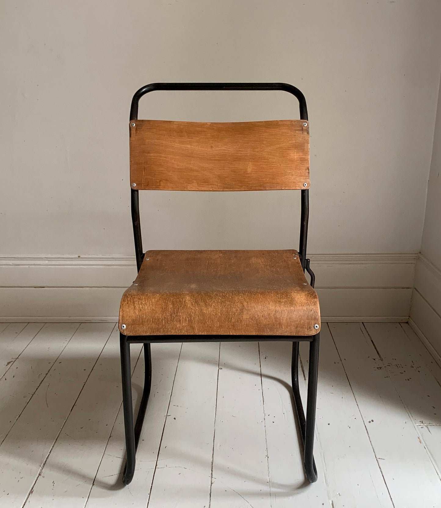 2 x Vintage Stacking Chairs - Ply Wood Seats, Black Tubular Metal Frame By Dual