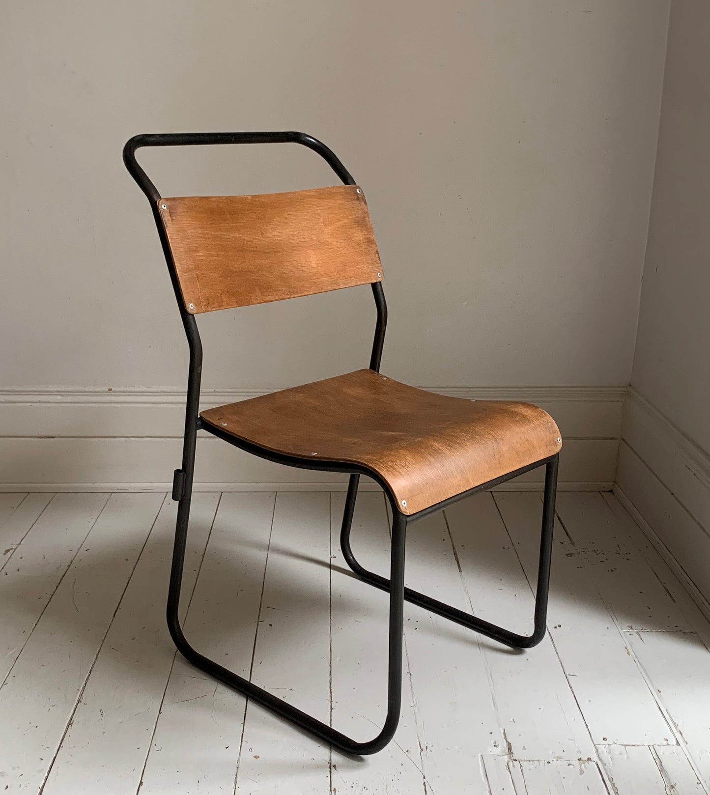 2 x Vintage Stacking Chairs - Ply Wood Seats, Black Tubular Metal Frame By Dual