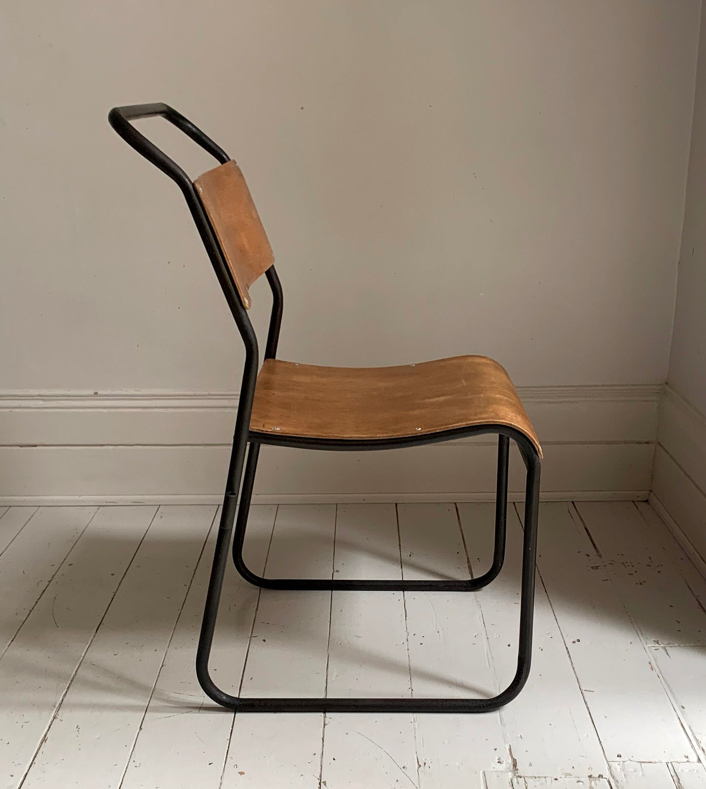 2 x Vintage Stacking Chairs - Ply Wood Seats, Black Tubular Metal Frame By Dual