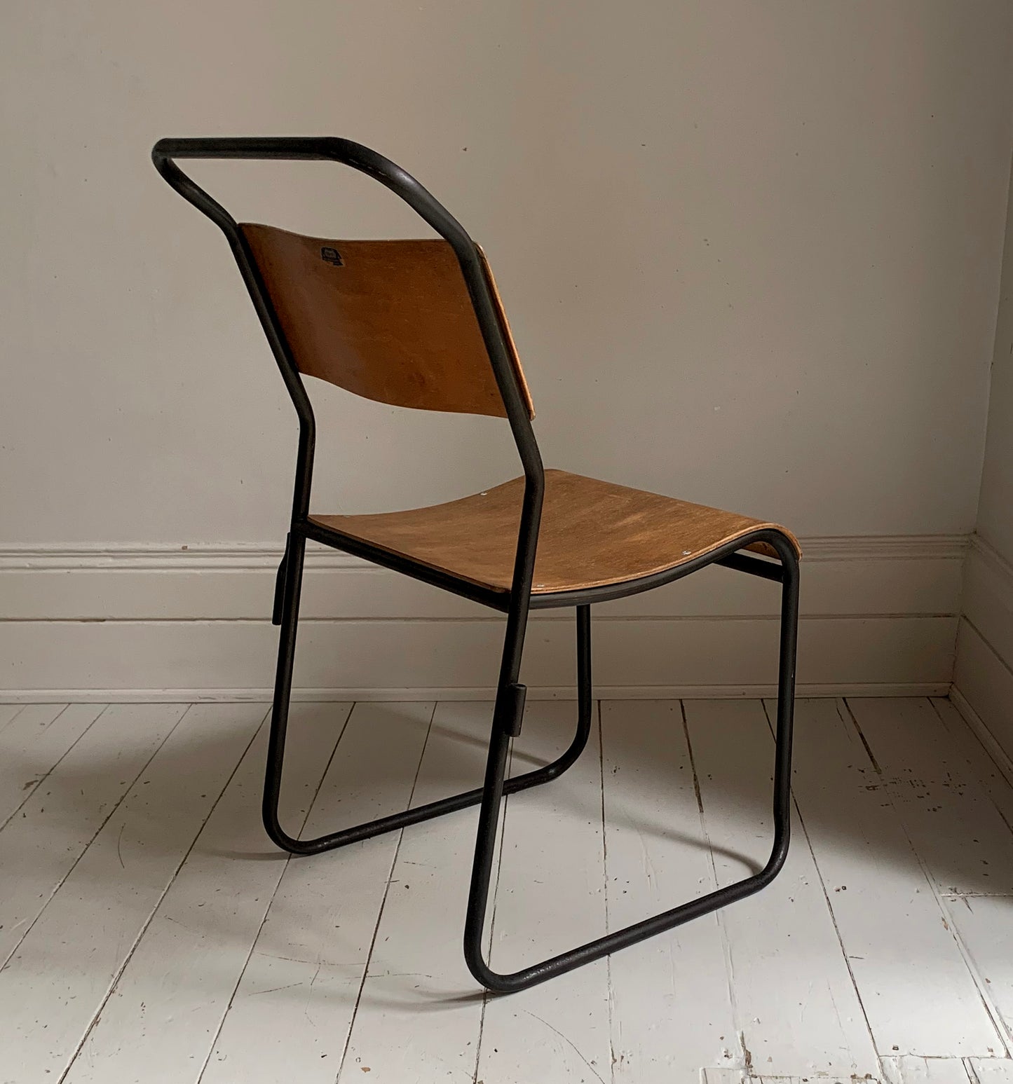 2 x Vintage Stacking Chairs - Ply Wood Seats, Black Tubular Metal Frame By Dual