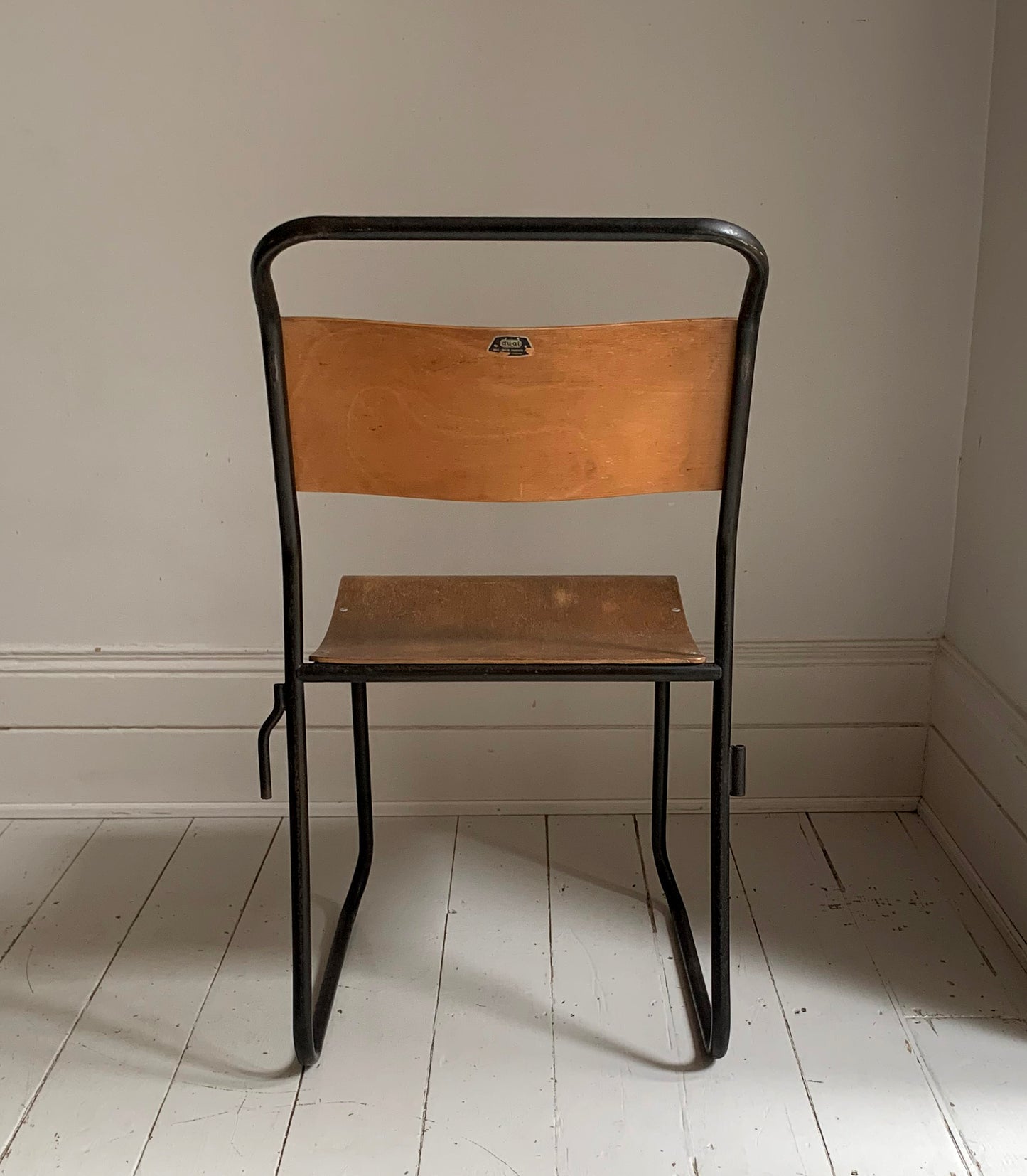 2 x Vintage Stacking Chairs - Ply Wood Seats, Black Tubular Metal Frame By Dual