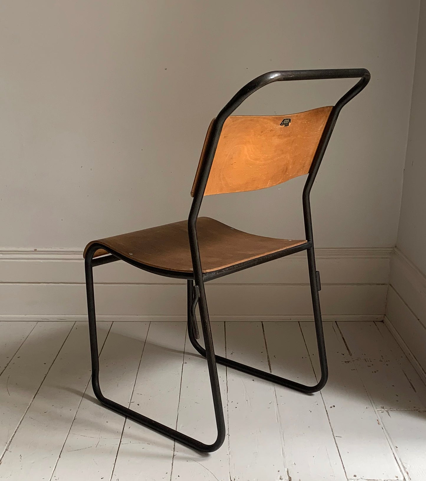 2 x Vintage Stacking Chairs - Ply Wood Seats, Black Tubular Metal Frame By Dual