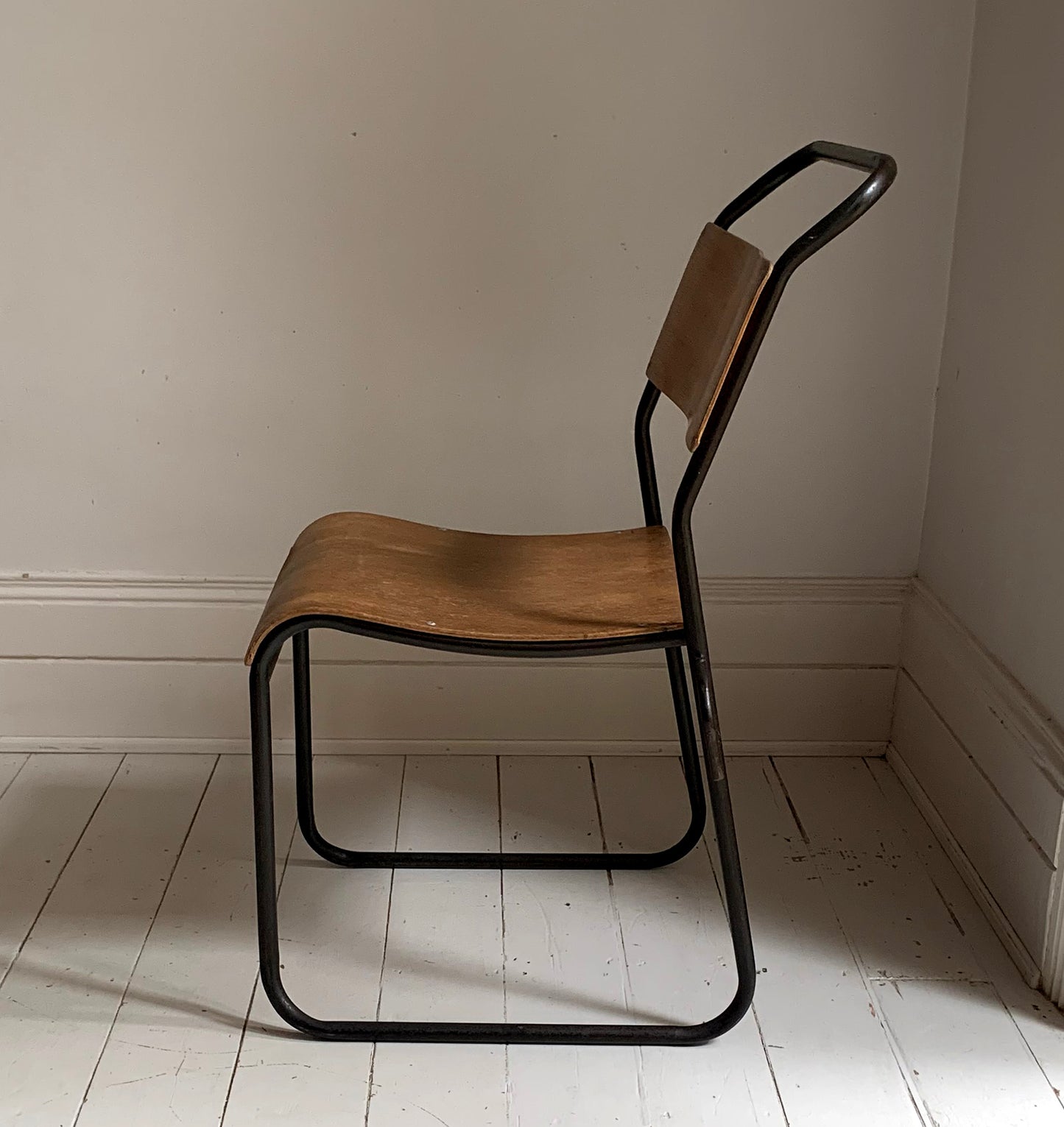 2 x Vintage Stacking Chairs - Ply Wood Seats, Black Tubular Metal Frame By Dual