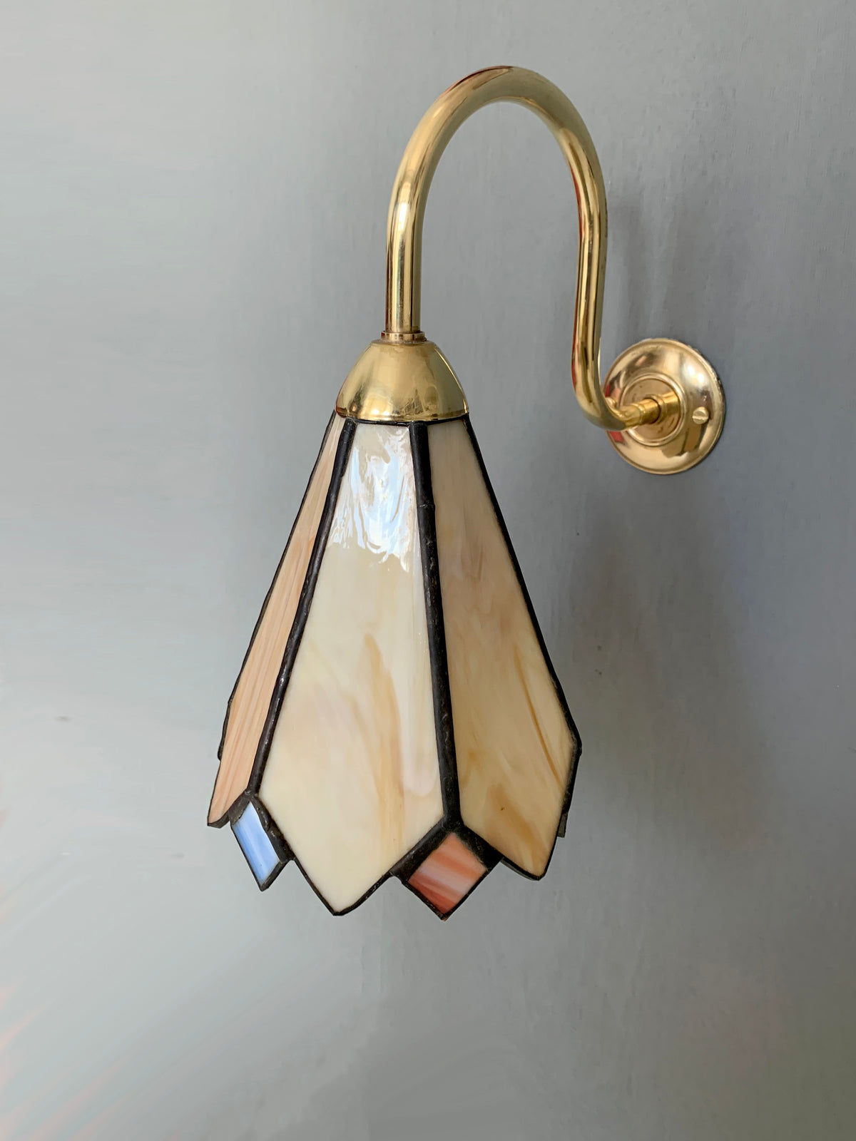 Pair of Vintage Tiffany Glass & Brass Wall Sconces, Red, Blue & Cream Glass 2of2