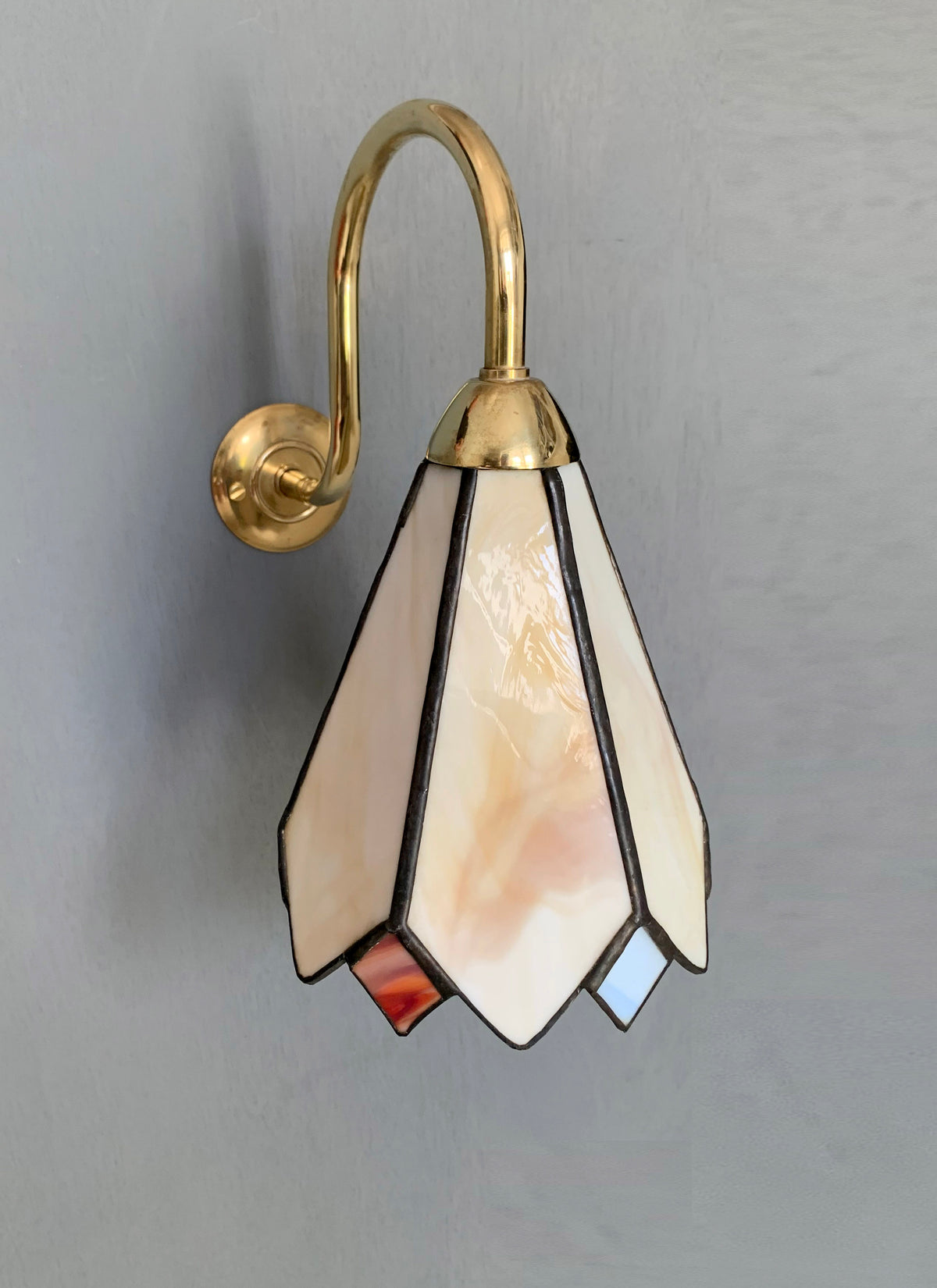 Pair of Vintage Tiffany Glass & Brass Wall Sconces, Red, Blue & Cream Glass 2of2