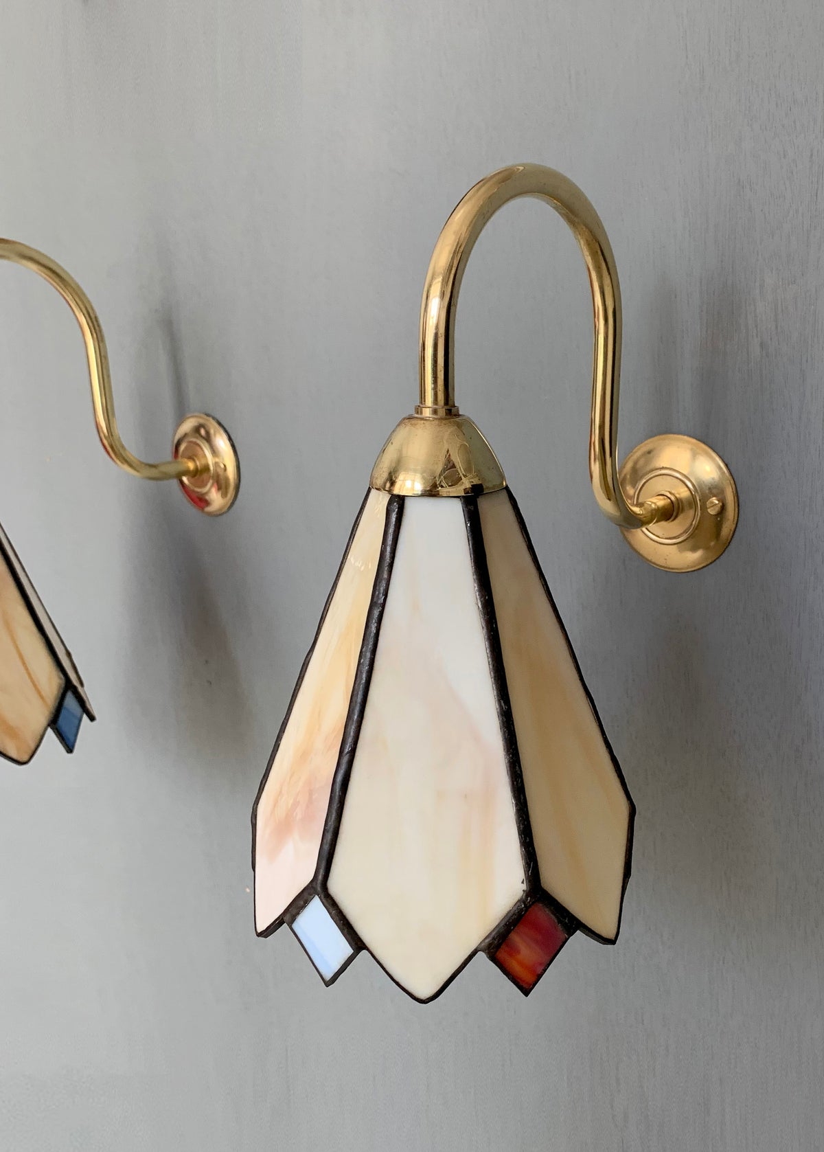 Pair of Vintage Tiffany Glass & Brass Wall Sconces, Red, Blue & Cream Glass 2of2