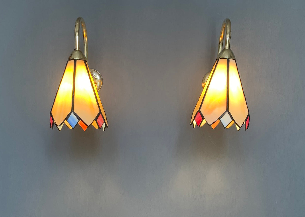 Pair of Vintage Tiffany Glass & Brass Wall Sconces, Red, Blue & Cream Glass 2of2