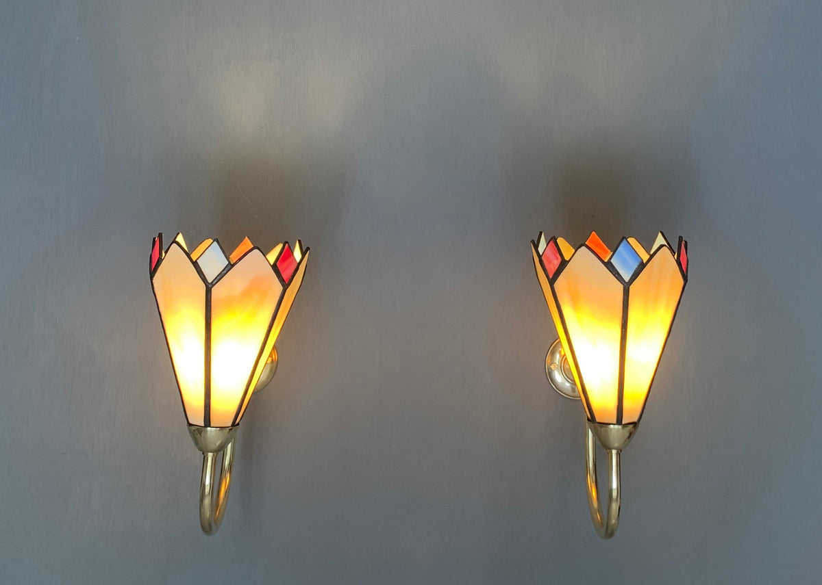 Pair of Vintage Tiffany Glass & Brass Wall Sconces, Red, Blue & Cream Glass 2of2