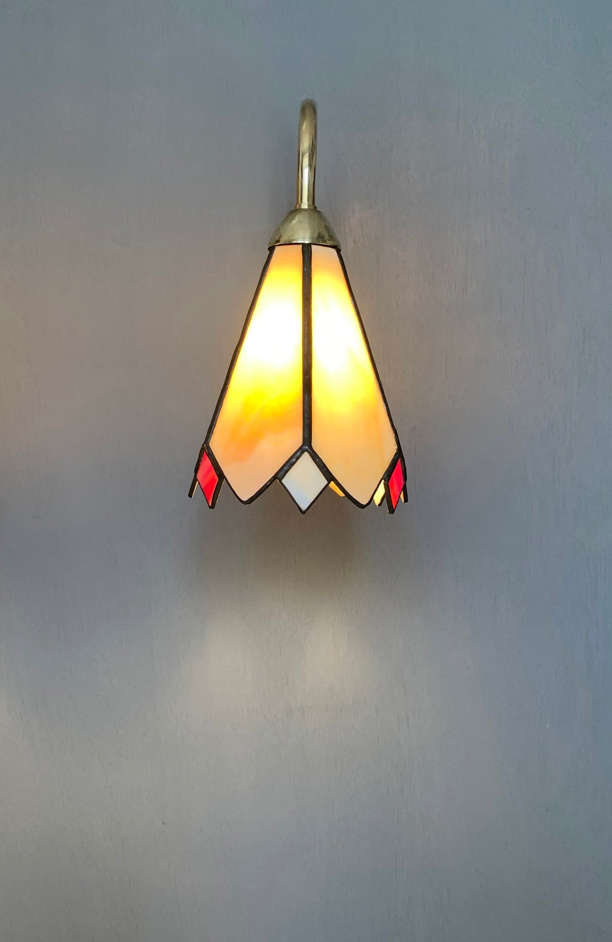 Pair of Vintage Tiffany Glass & Brass Wall Sconces, Red, Blue & Cream Glass 2of2