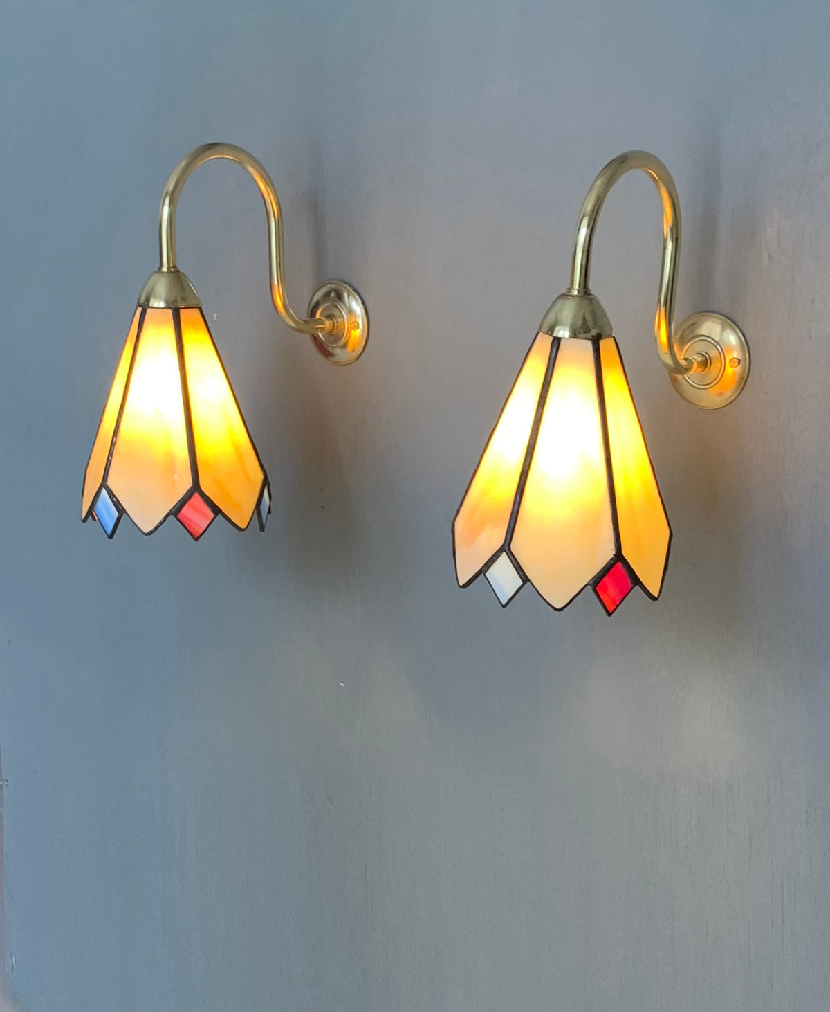 Pair of Vintage Tiffany Glass & Brass Wall Sconces, Red, Blue & Cream Glass 2of2
